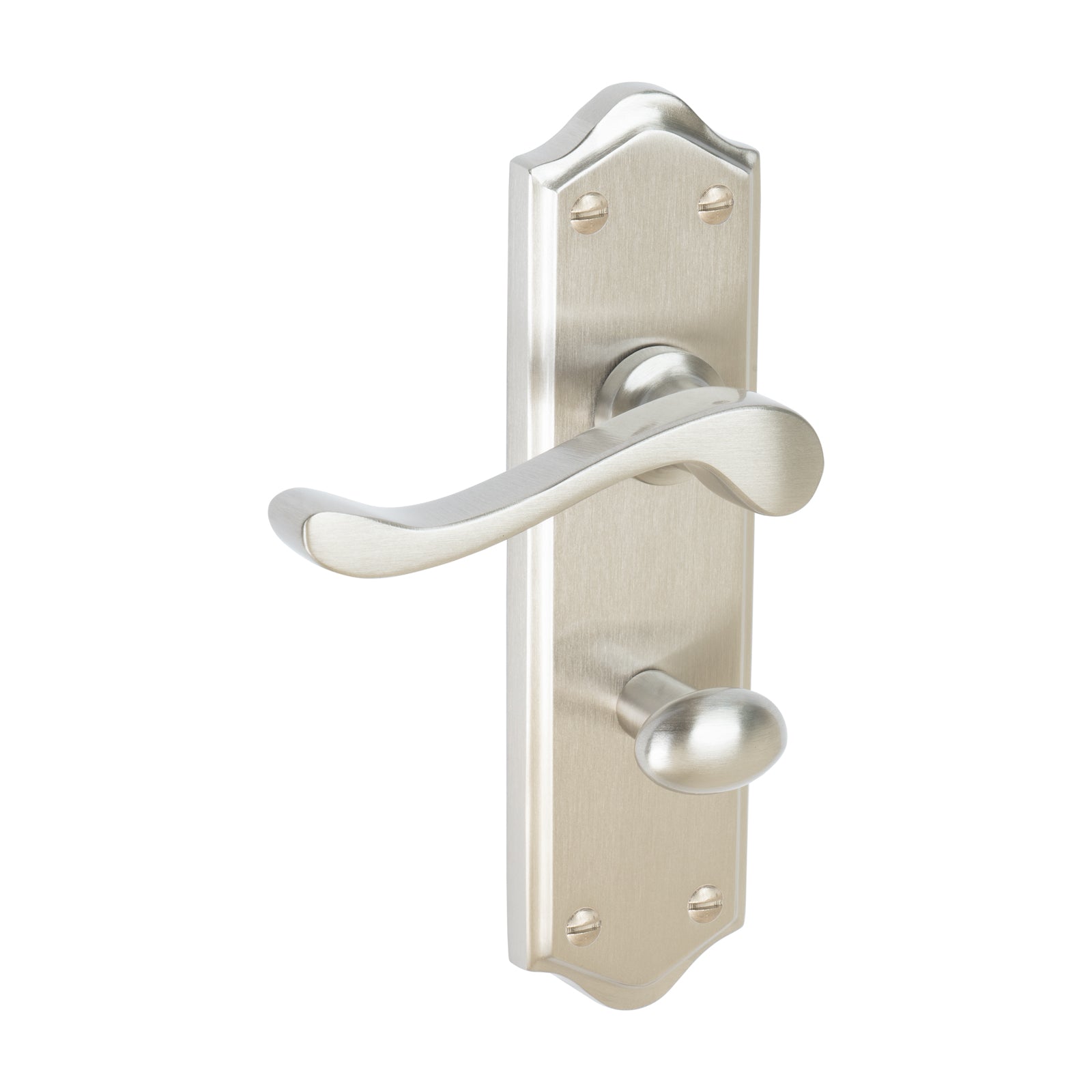 Buckingham Door Handles On Plate Bathroom Handle in Satin Nickel