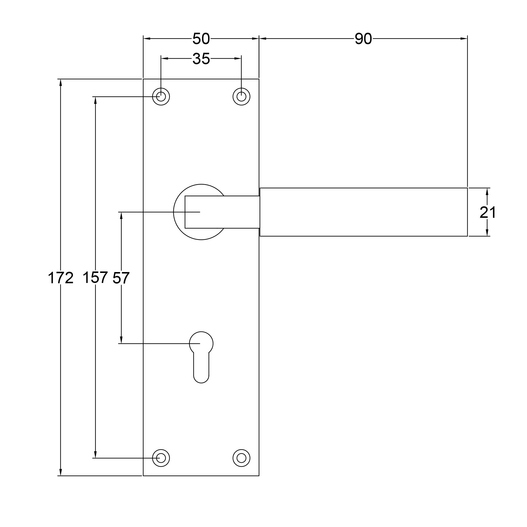 Bauhaus low profile door handles on rose dimension drawing SHOW