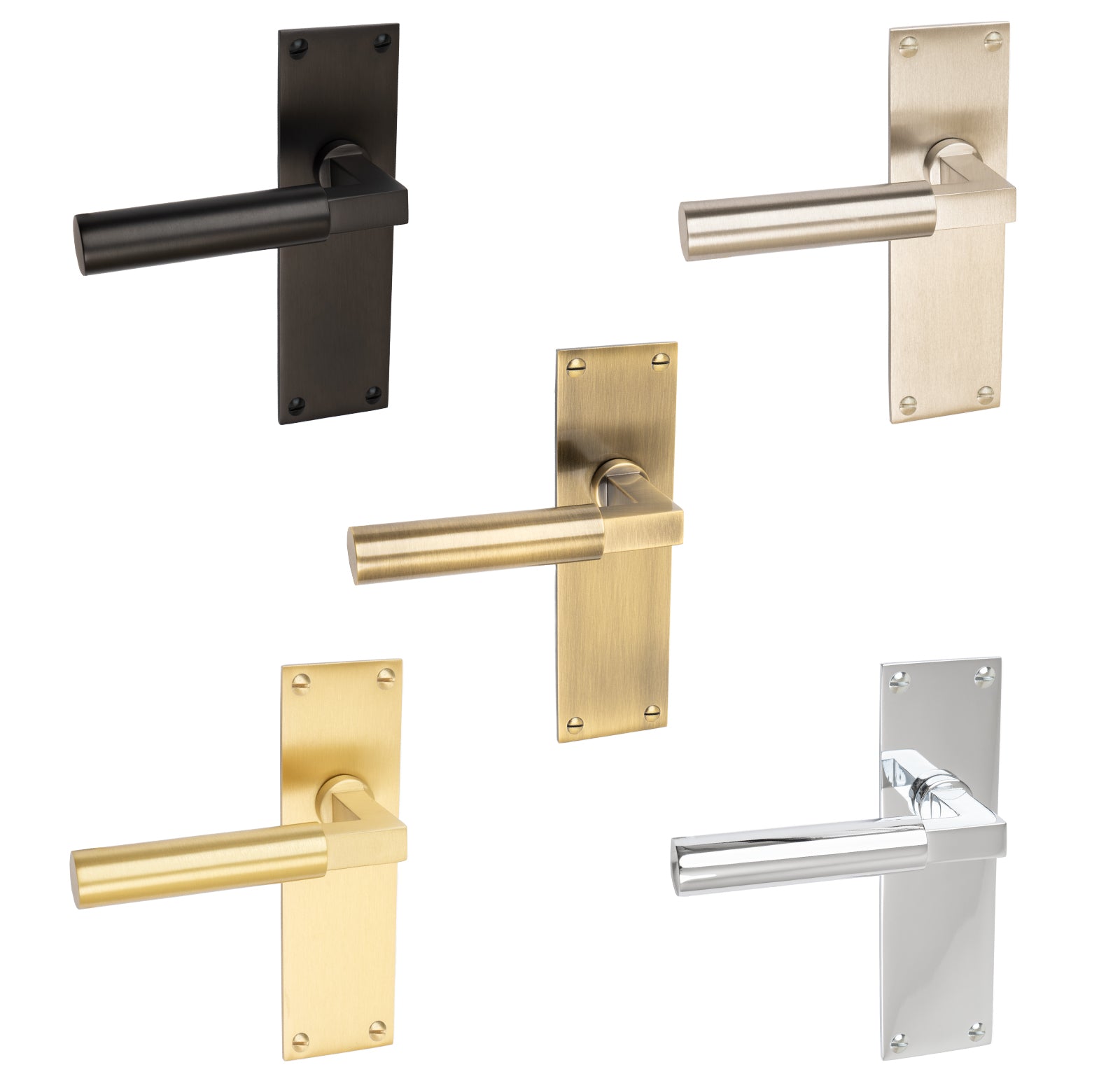 Bauhaus Door Handles On Plate Latch Handle in Matt Bronze, Satin Nickel, Bauhaus Chrome, Satin Brass and Aged Brass.