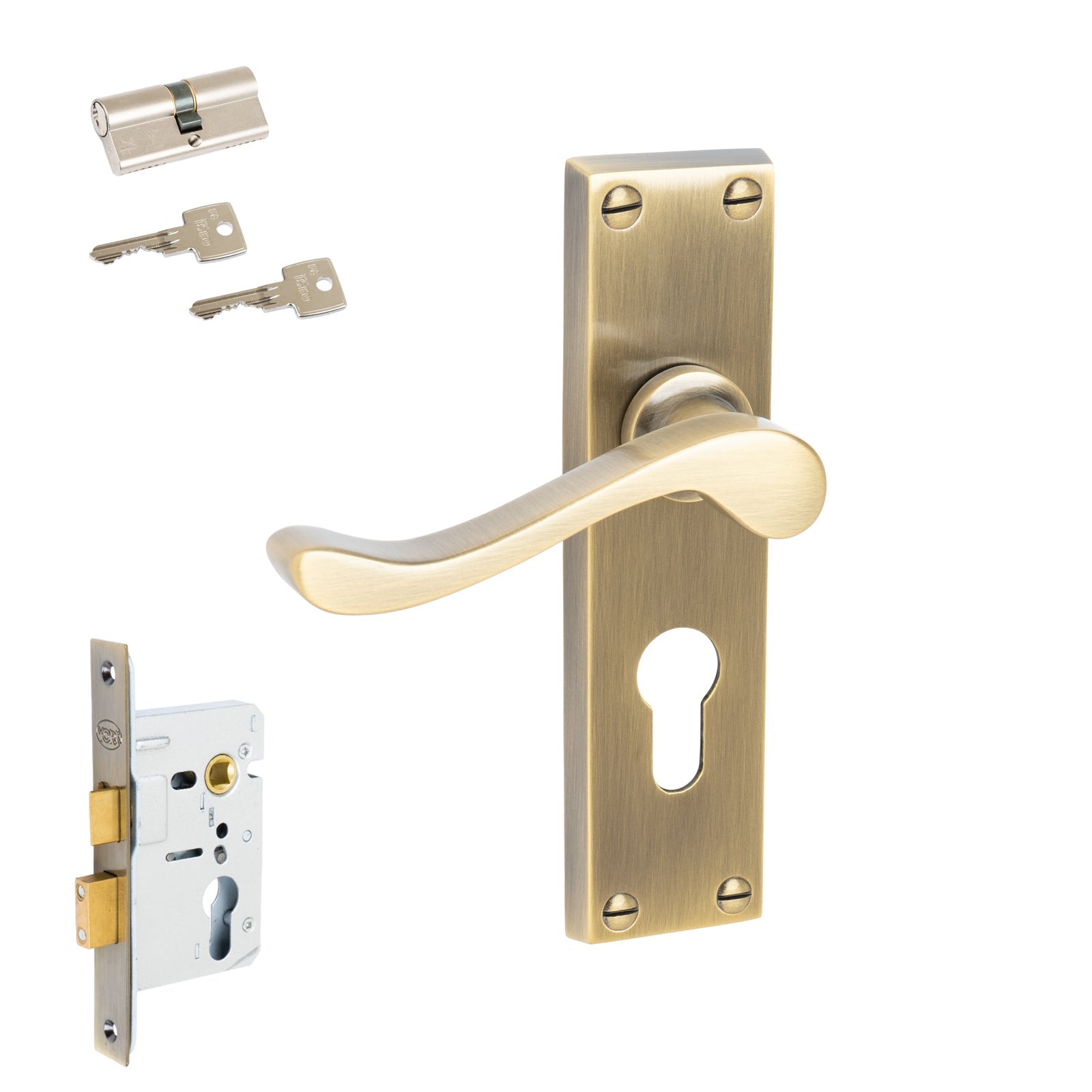 Bedford Door Handles On Plate Euro Lock Handle Set in Aged Brass