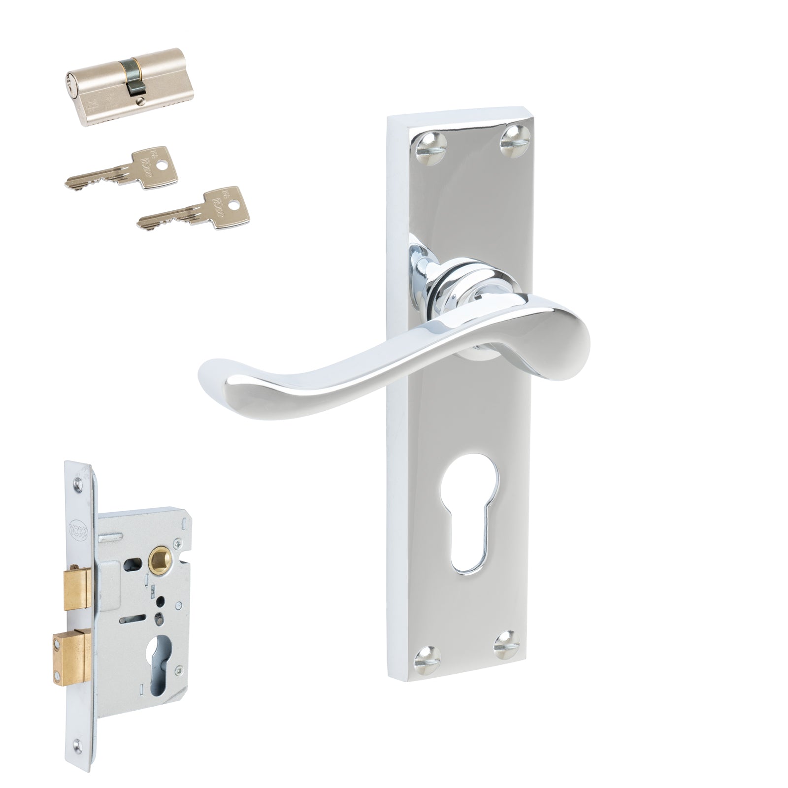 Bedford Door Handles On Plate Euro Lock Handle Set in Polished Chrome