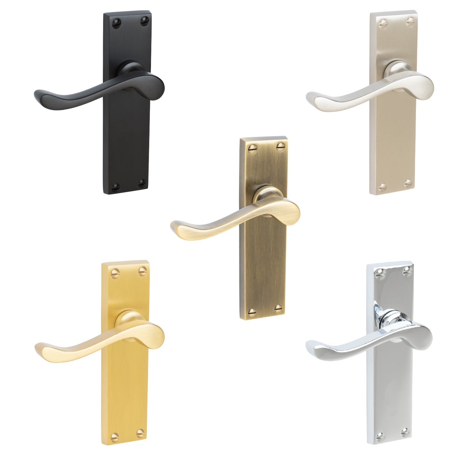 Bedford Door Handles On Plate Latch Handle in Matt Bronze, Satin Nickel, Polished Chrome, Satin Brass and Aged Brass.