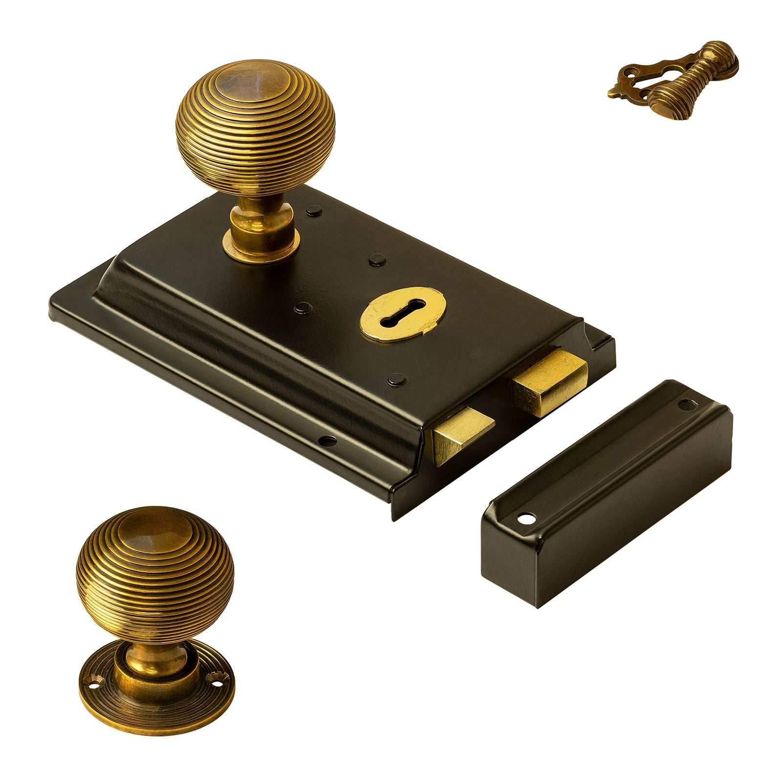 traditional door furniture, Rim lock with antique brass door knobs and escutcheon SHOW