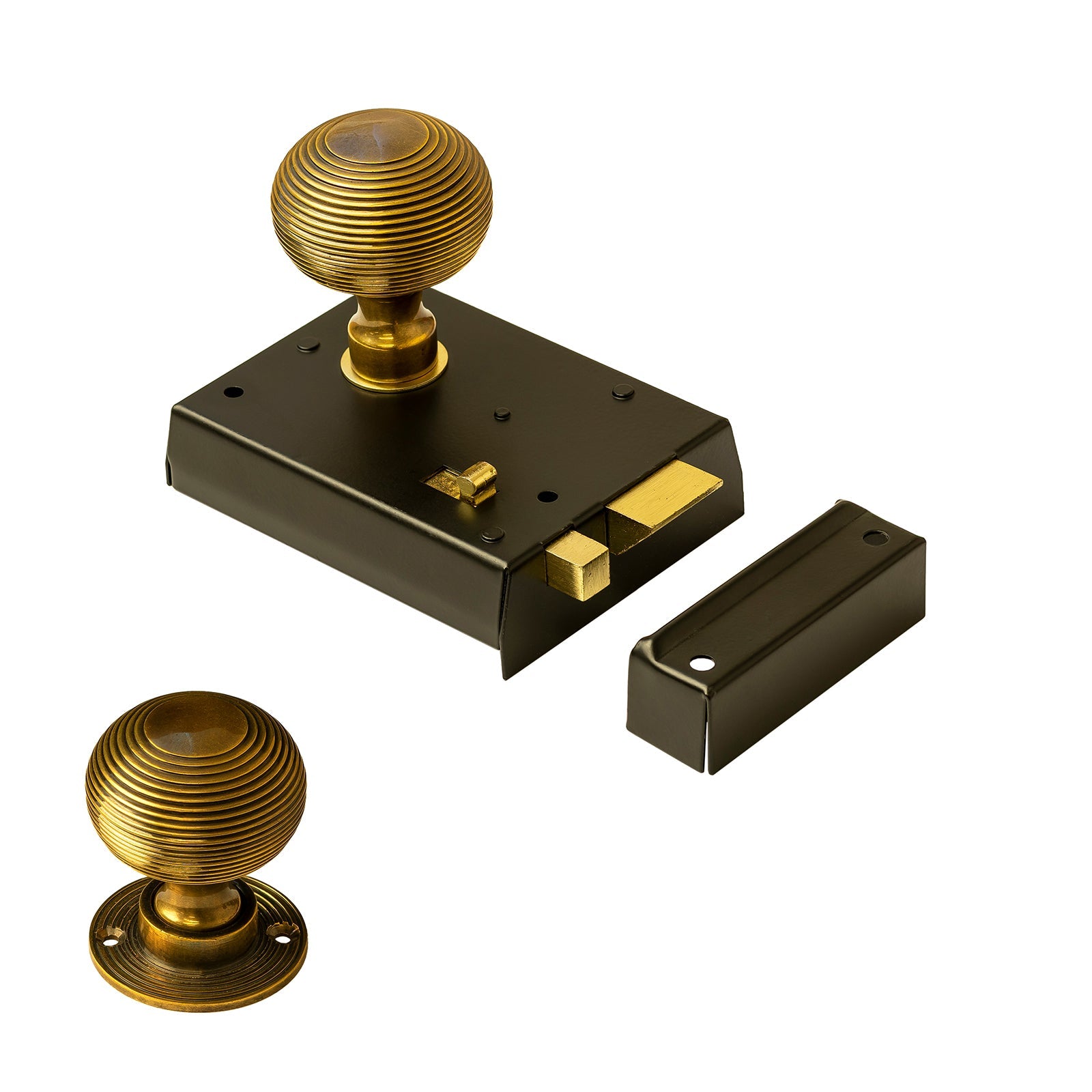 traditional door furniture, Rim lock with antique brass door knobs and escutcheon