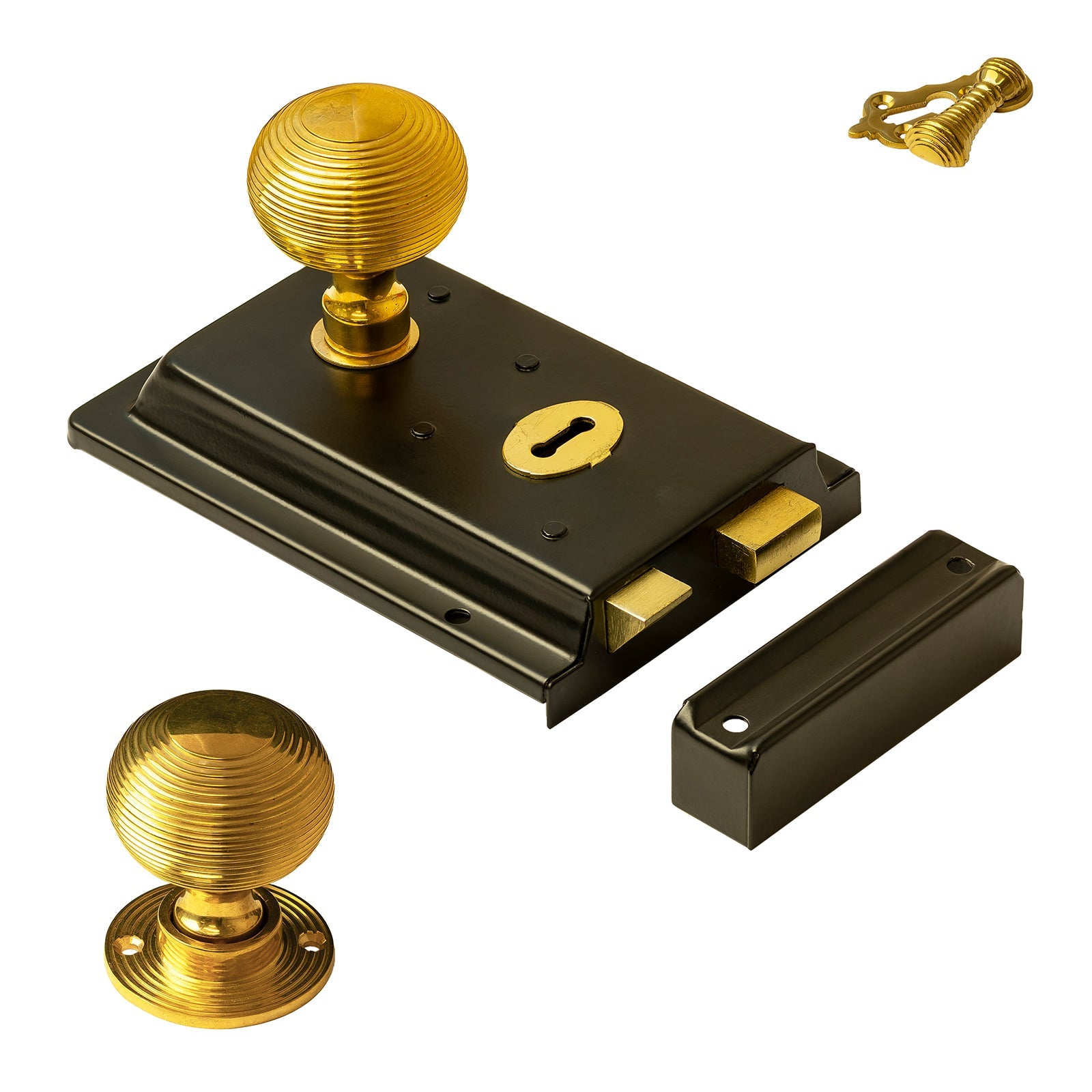 Rim lock with polished brass beehive door knobs and escutcheon SHOW