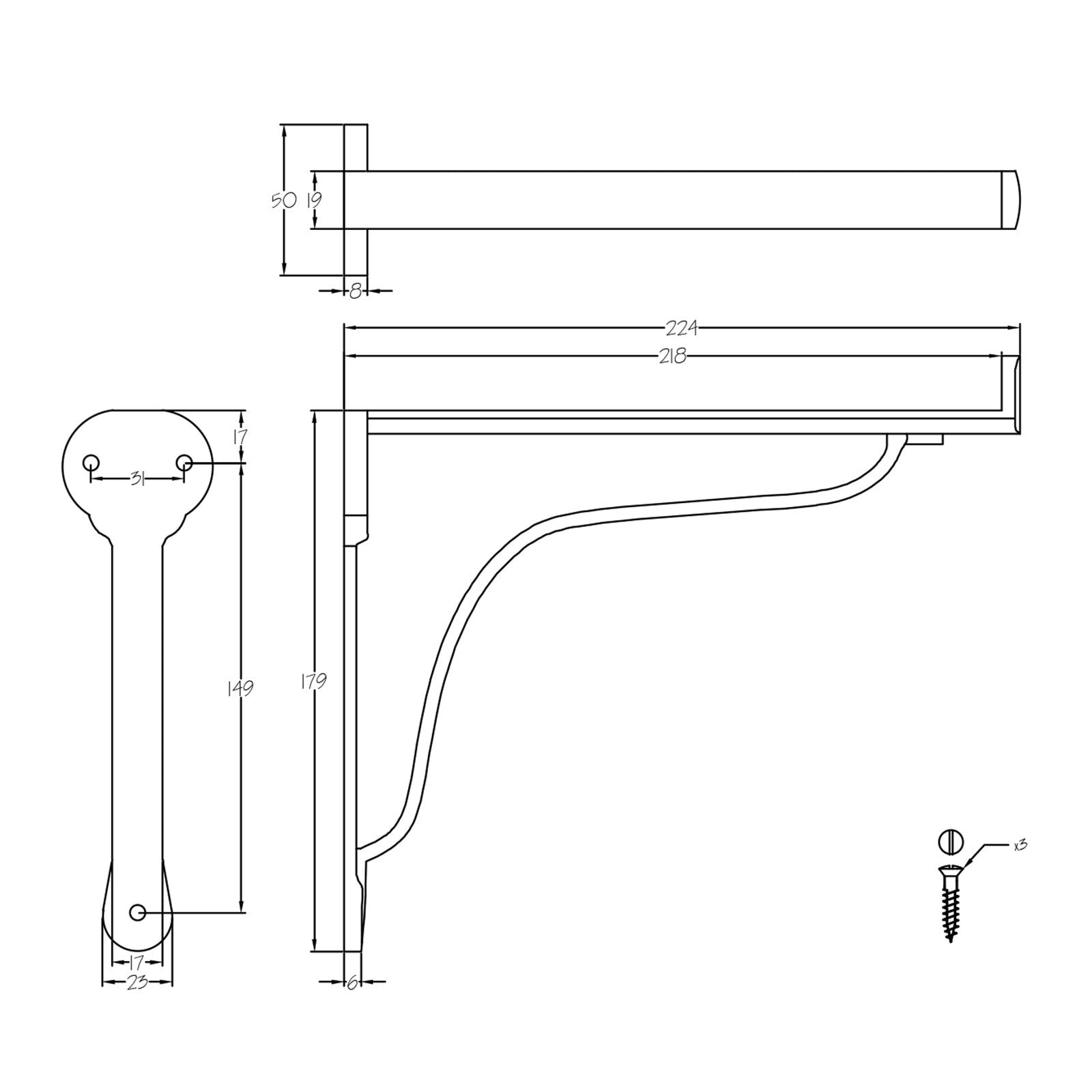 dimension drawing for Large Scaffold Black Shelf Bracket SHOW