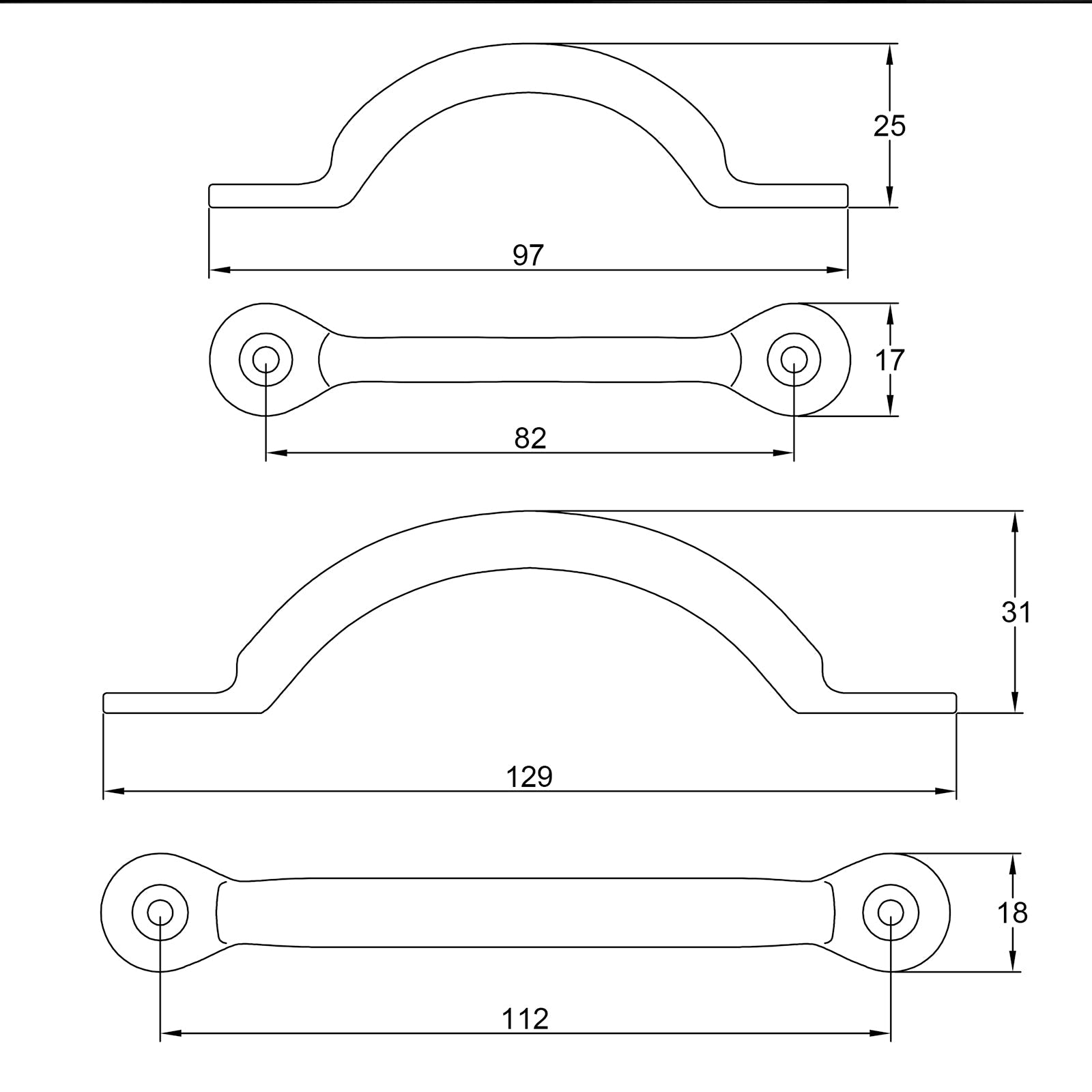 Oil Rubbed Bronze bow handles dimension drawings SHOW