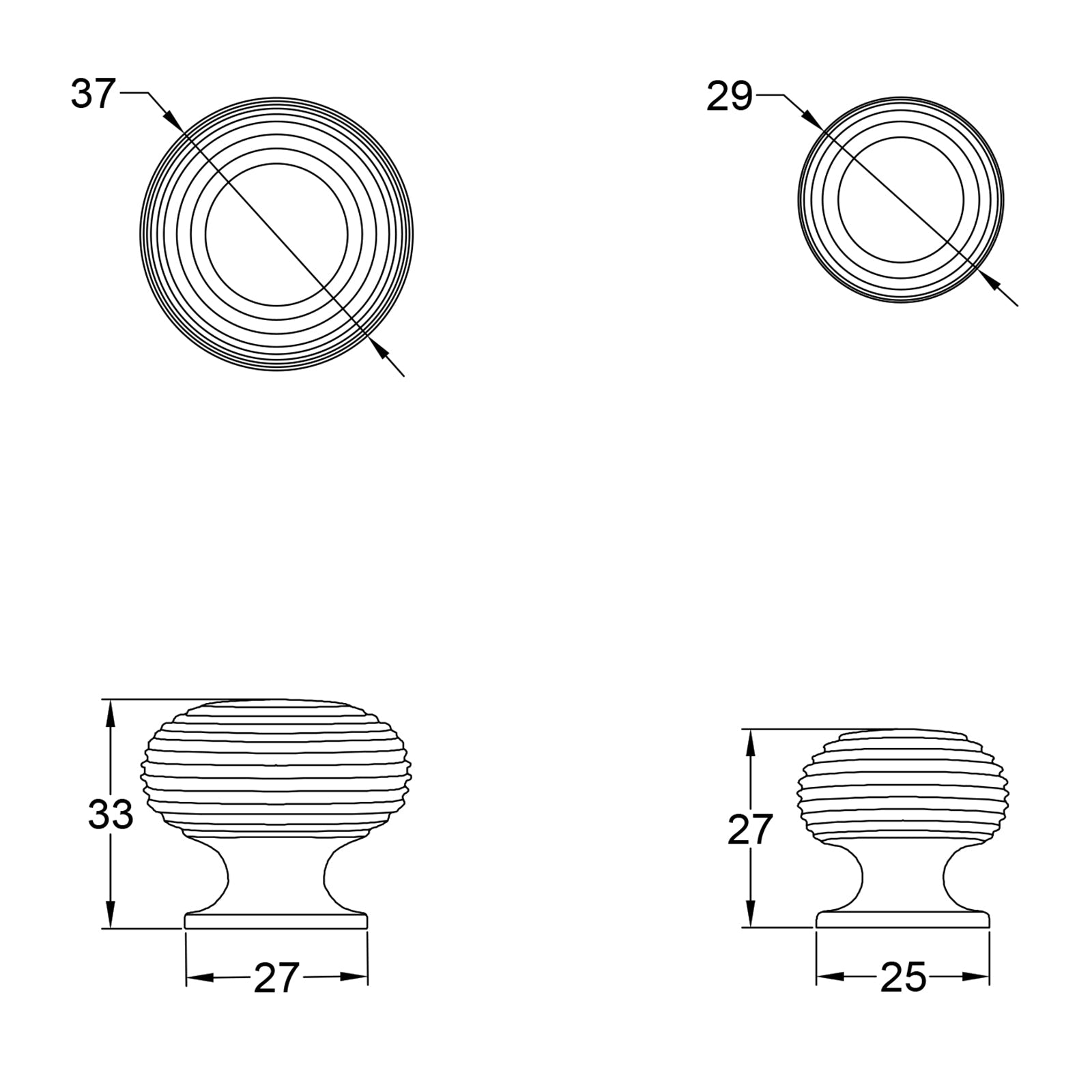 Bronze Beehive cabinet knobs dimension drawing SHOW