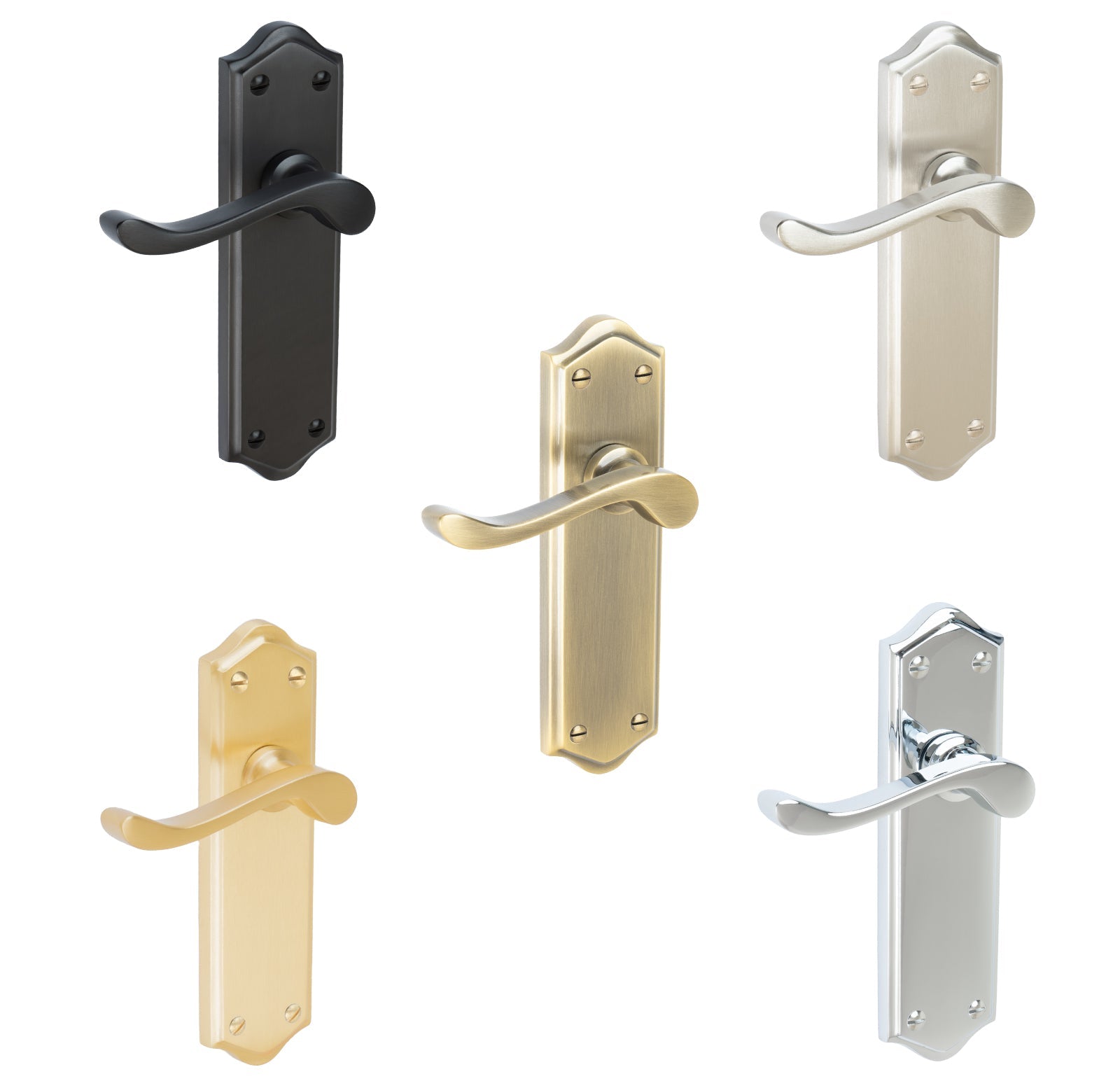 Buckingham Door Handles On Plate Latch Handle in Matt Bronze, Satin Nickel, Polished Chrome, Satin Brass and Aged Brass.