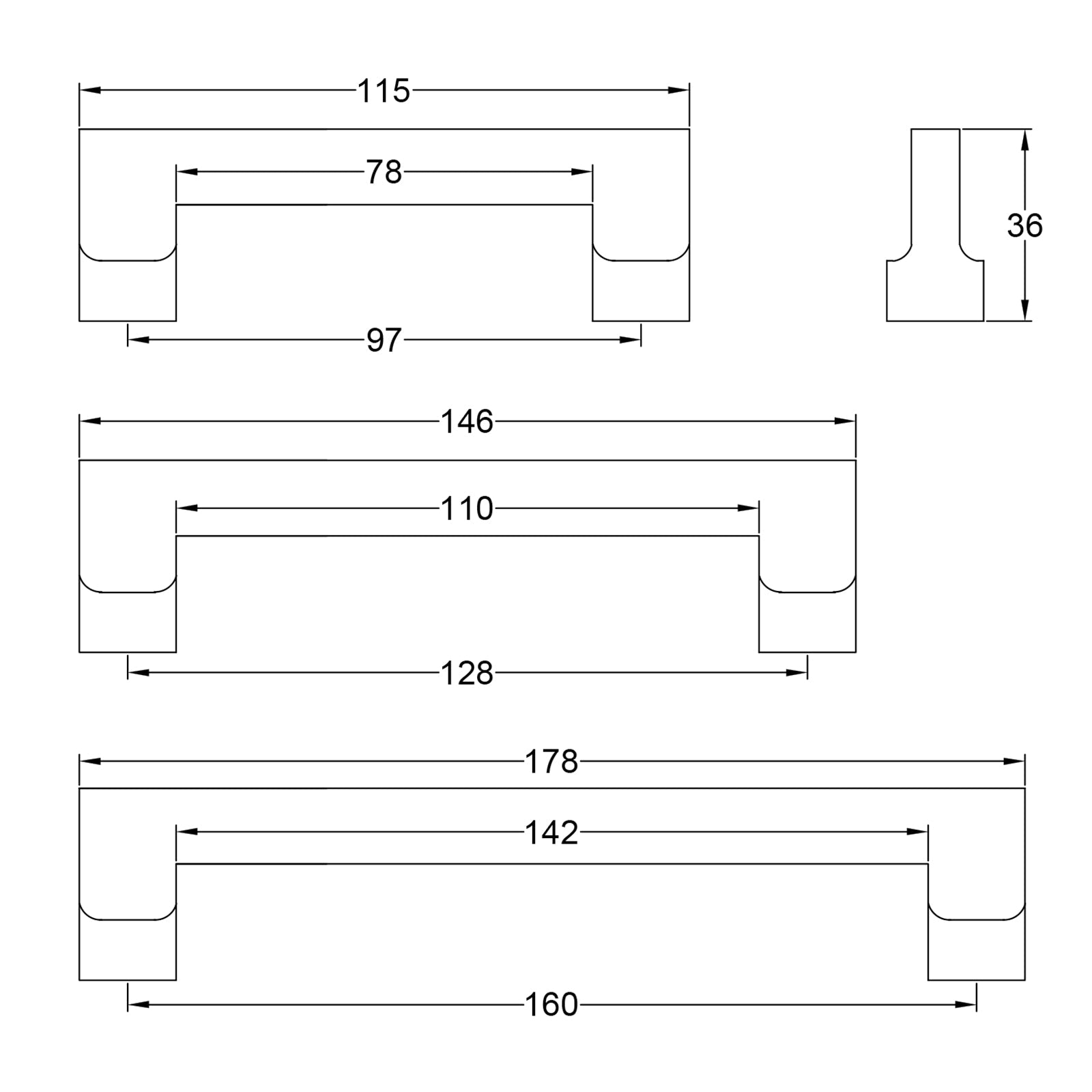 Dimension drawings for Apollo Pull Handles SHOW