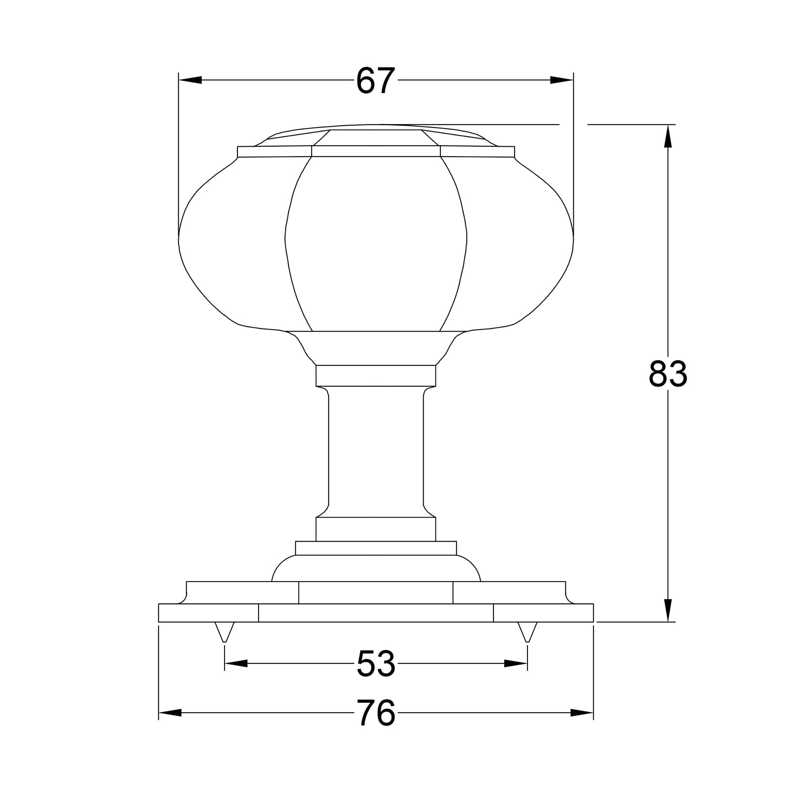 dimension drawing of art deco centre door knob SHOW