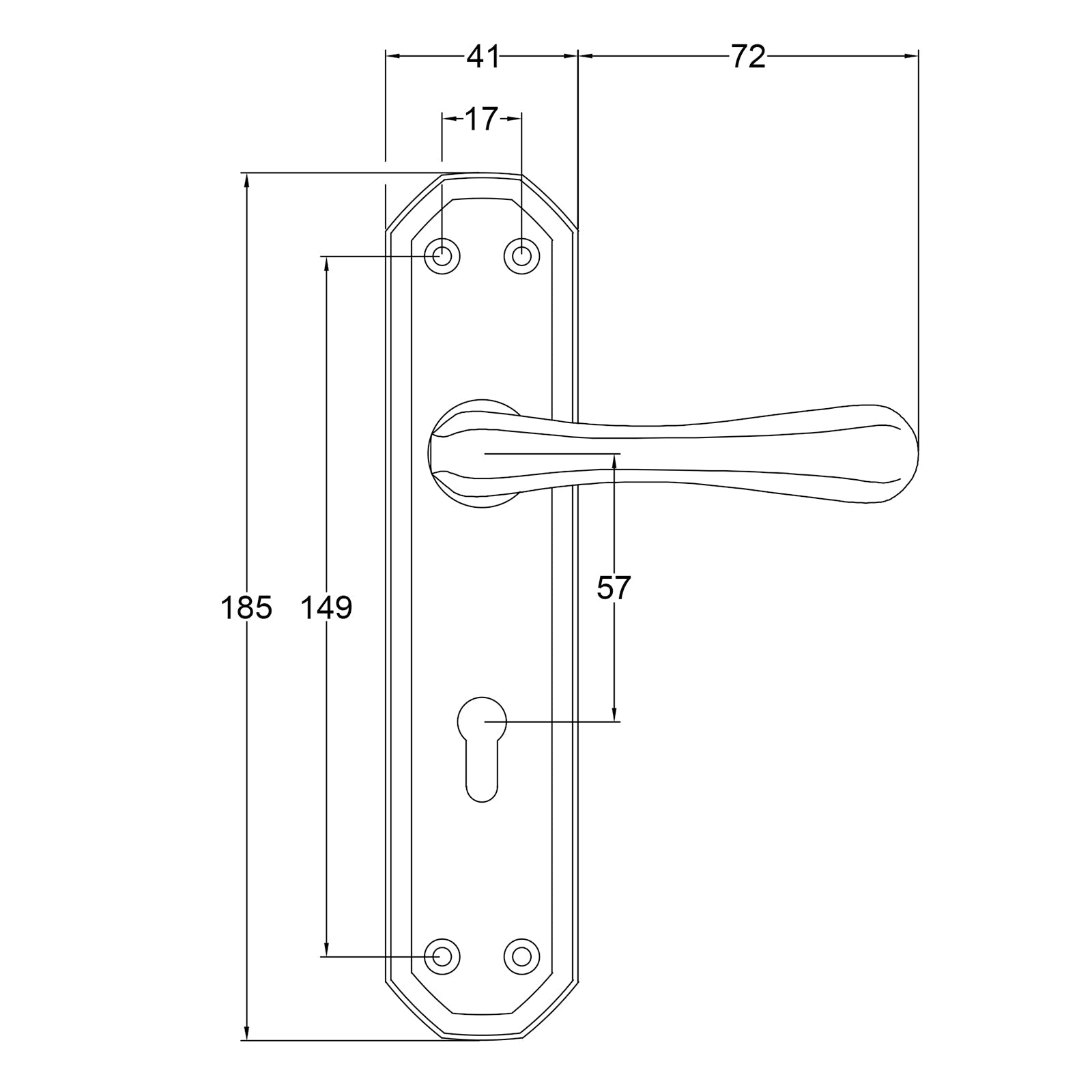 Charlbury Door Handles on Backplate Dimension Drawing SHOW