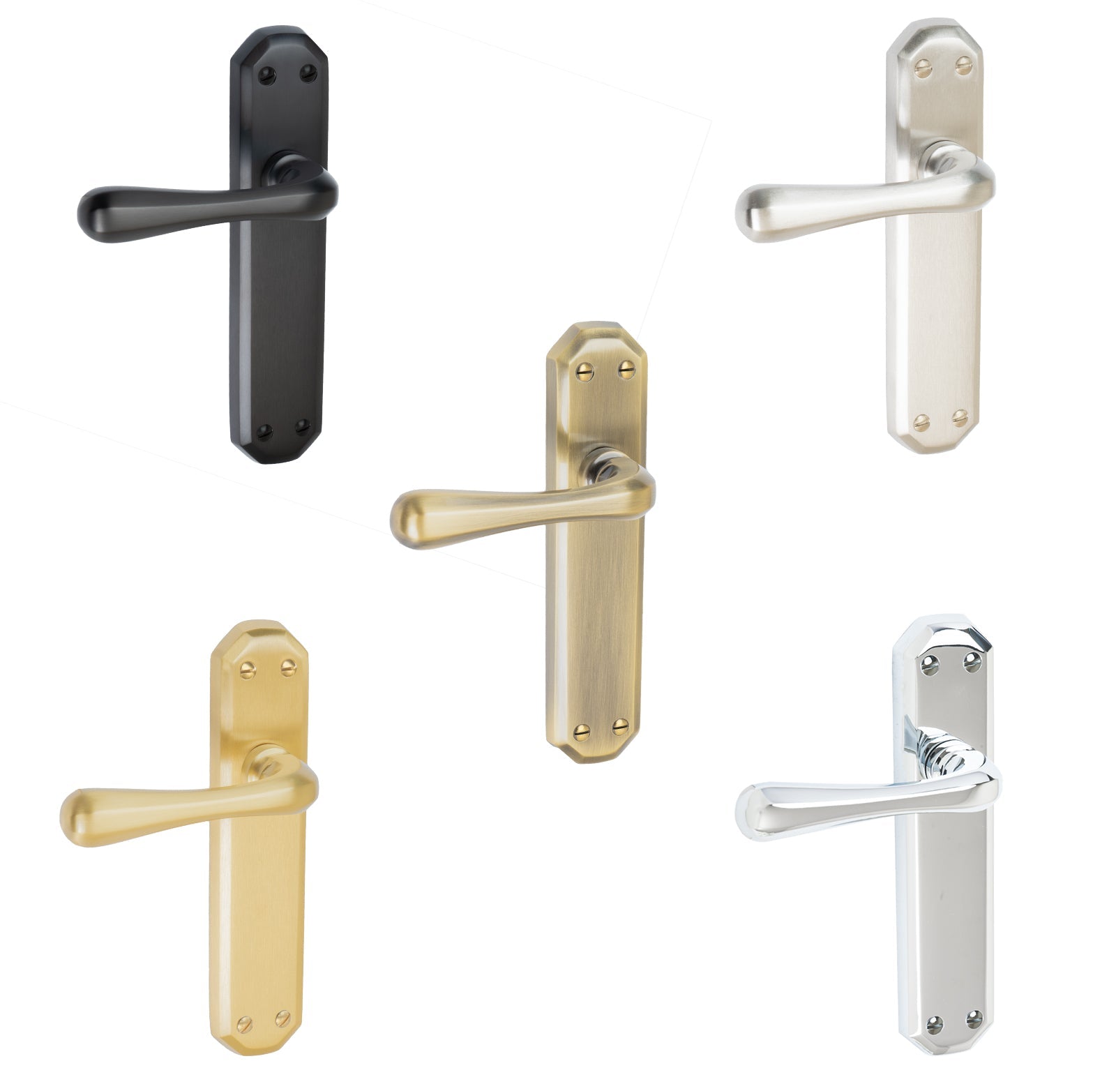 Charlbury Door Handles On Plate Latch Handle in Matt Bronze, Satin Nickel, Polished Chrome, Satin Brass and Aged Brass.