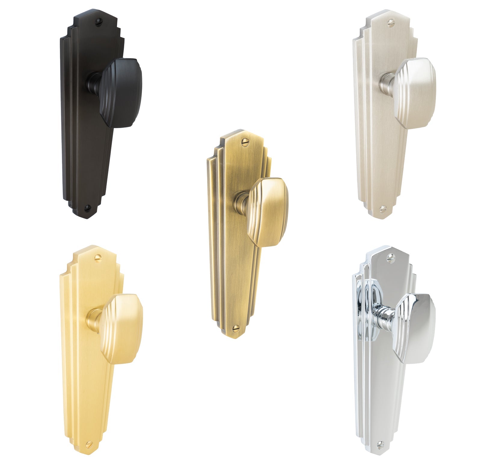 Charlston Door Handles On Plate Latch Handle in Matt Bronze, Satin Nickel, Polished Chrome, Satin Brass and Aged Brass.