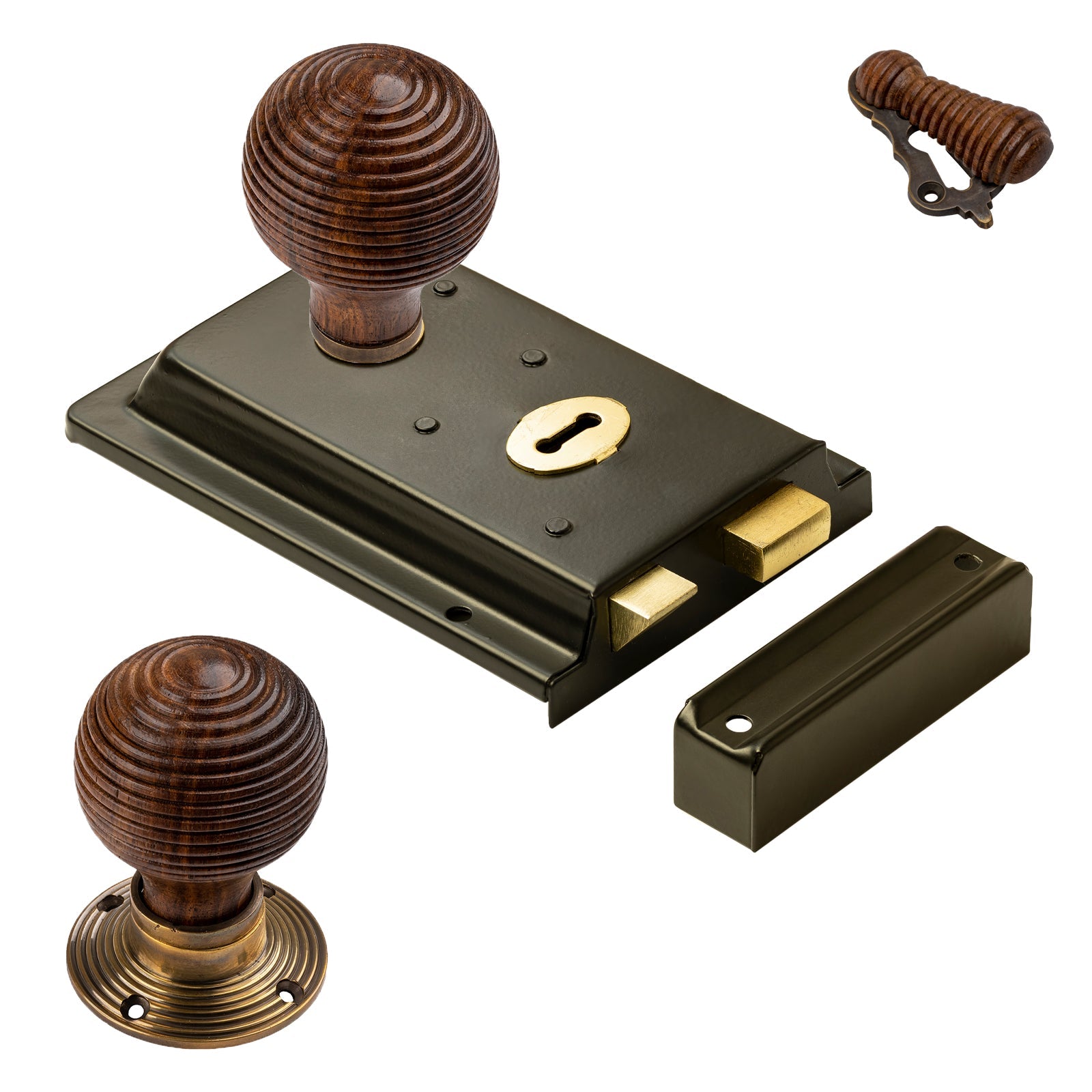 wooden beehive door knob rim lock set SHOW