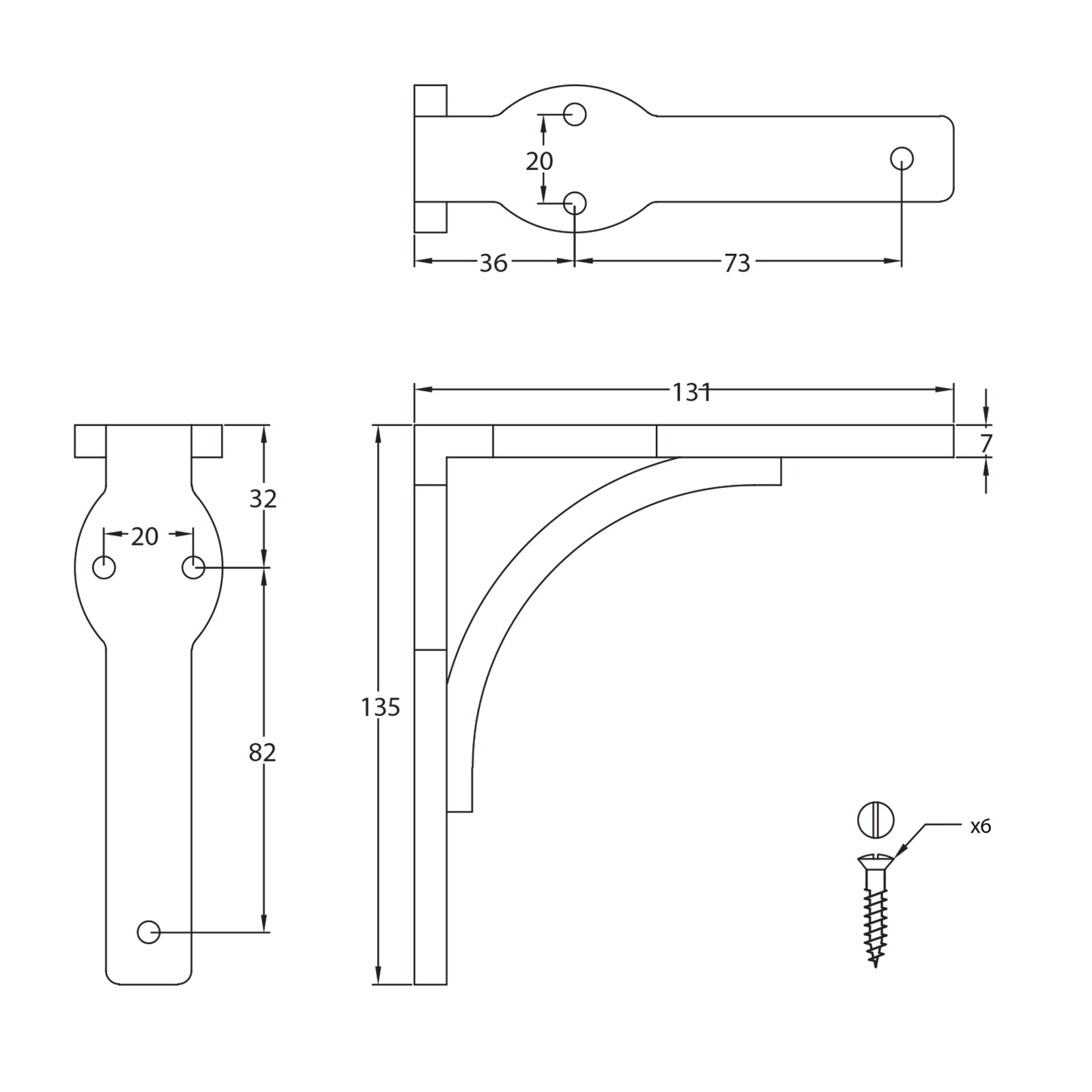 Dimension drawing for Classic black shelf bracket SHOW