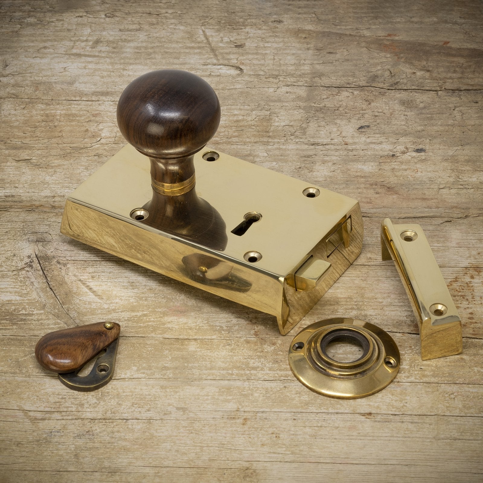 small brass rim lock with rosewood bun door knob set SHOW