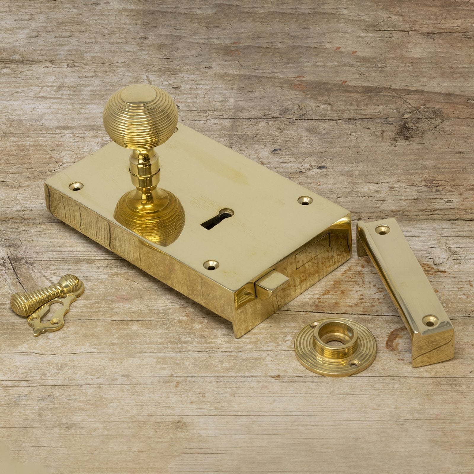 brass rim lock and brass beehive door knob set SHOW