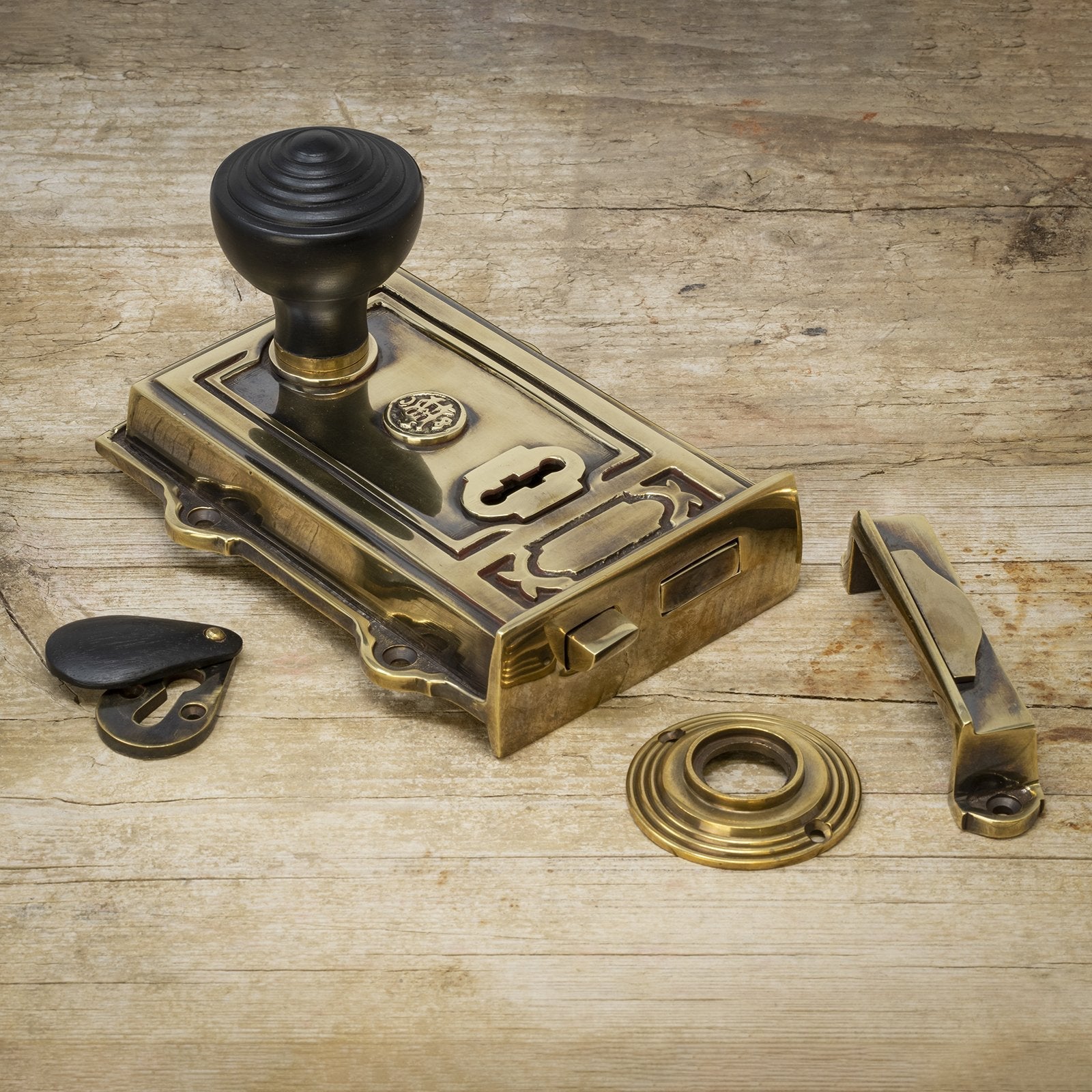 ornate antique brass rim lock & ebonised ringed door knob set SHOW