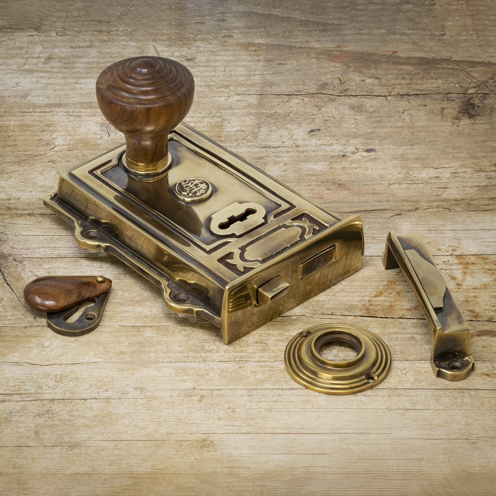 ornate antique brass rim lock & rosewood ringed door knob set SHOW