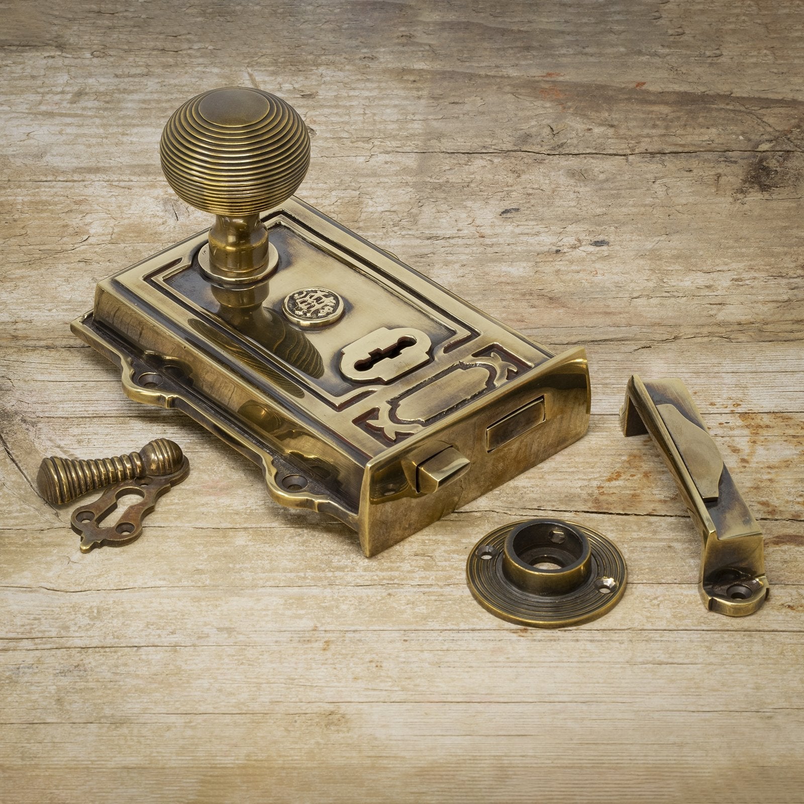 ornate antique brass rim lock & brass beehive door knob set SHOW