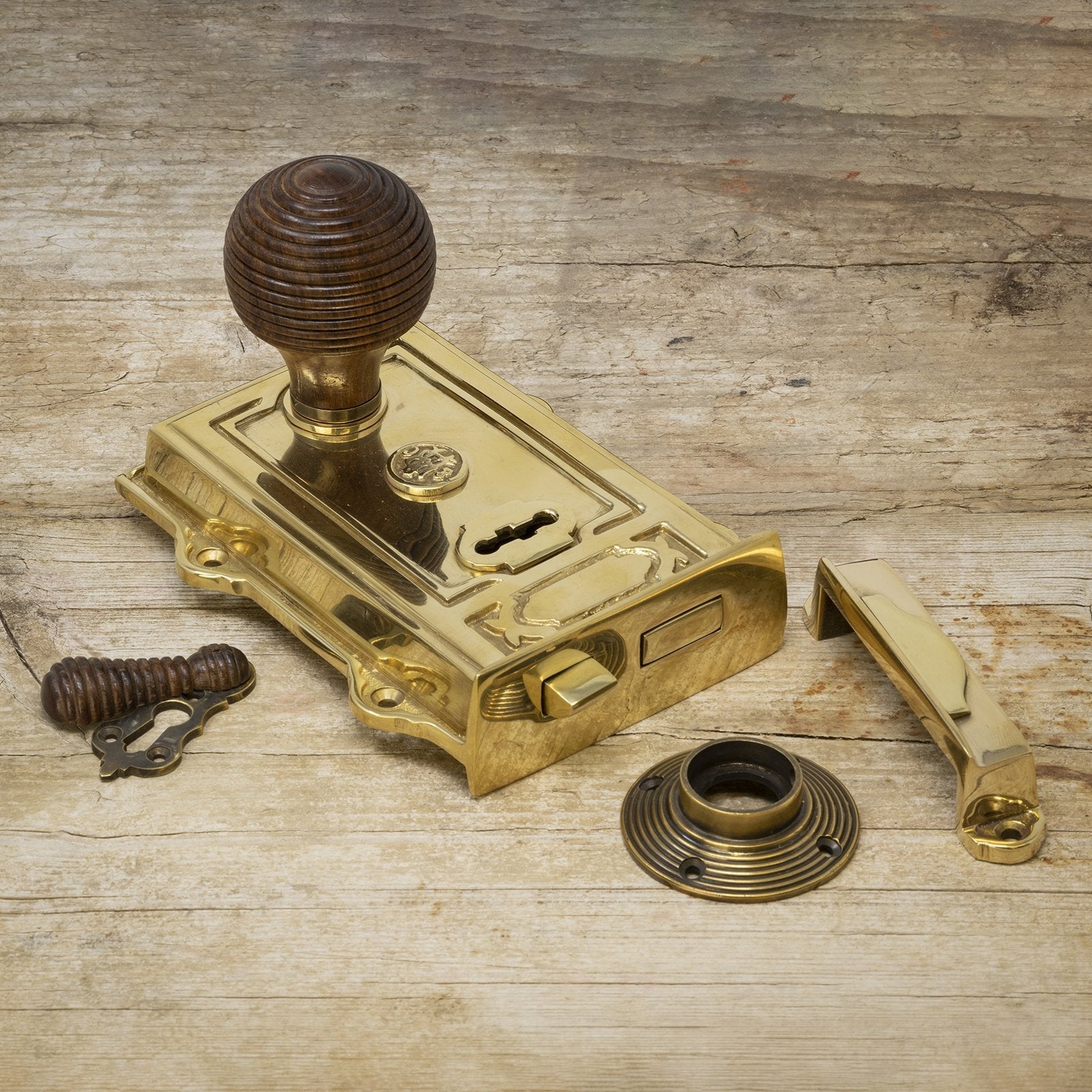 ornate brass rim lock & rosewood beehive door knob set SHOW