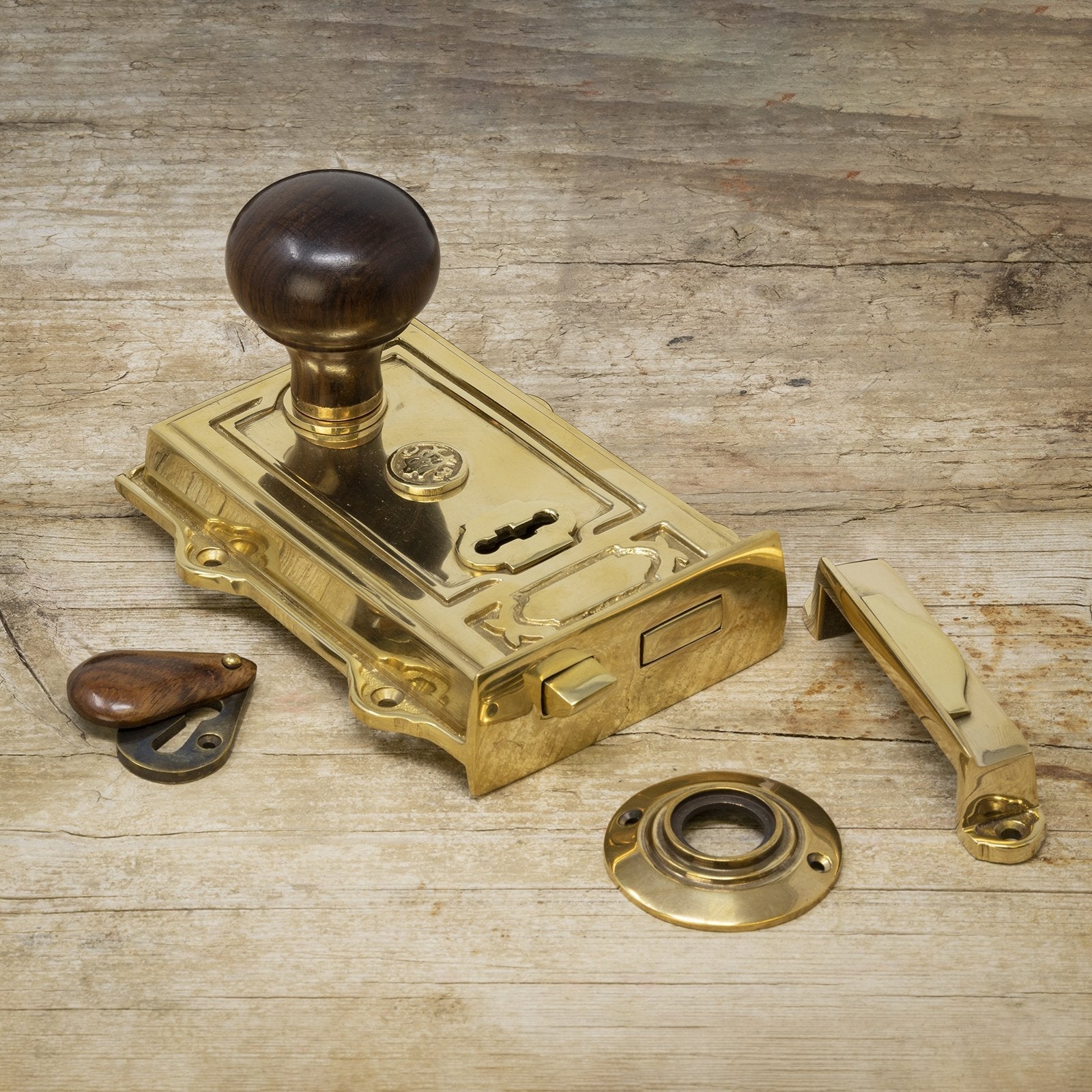 ornate brass rim lock & rosewood door knob sets SHOW