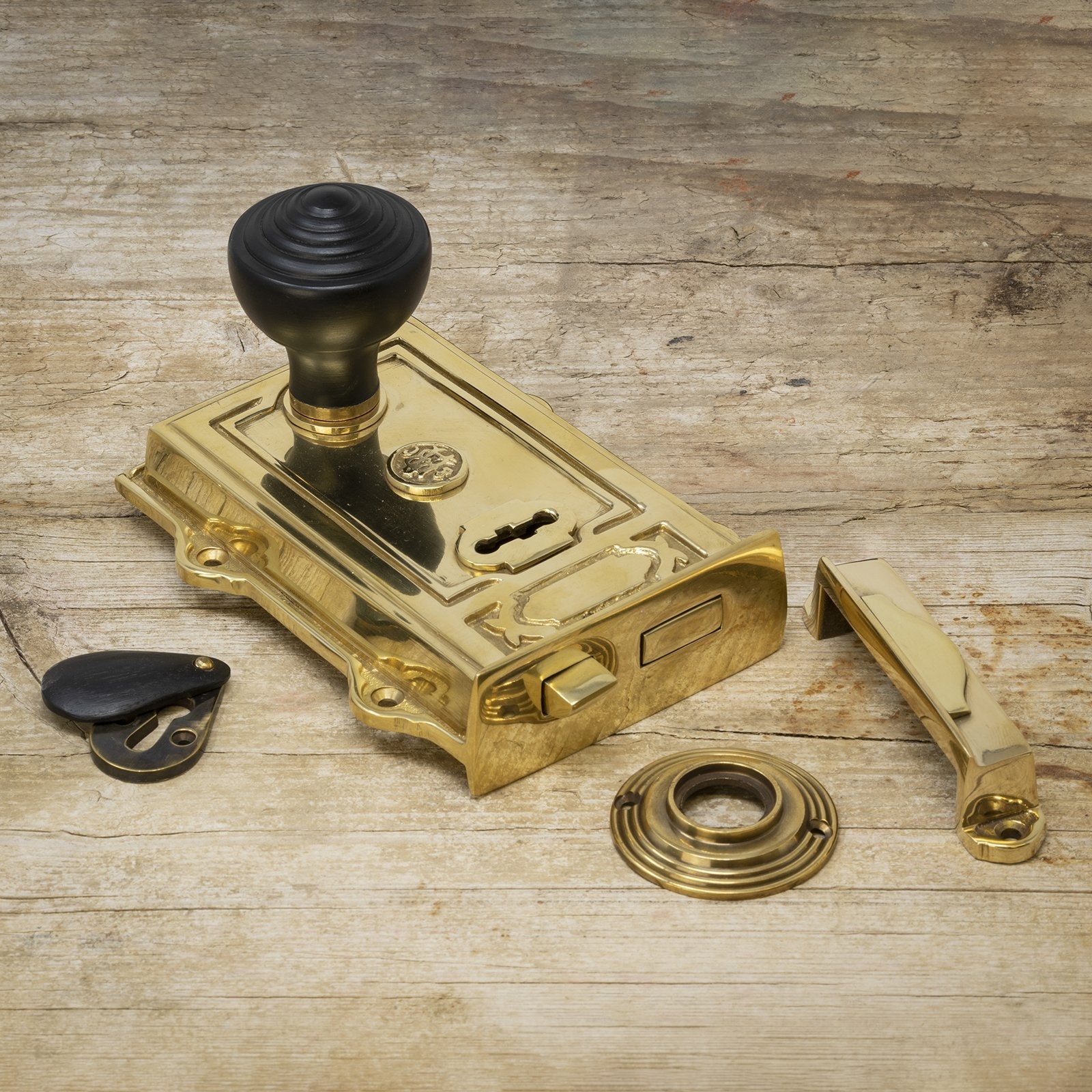 ornate brass rim lock & ebonised ringed door knob set SHOW