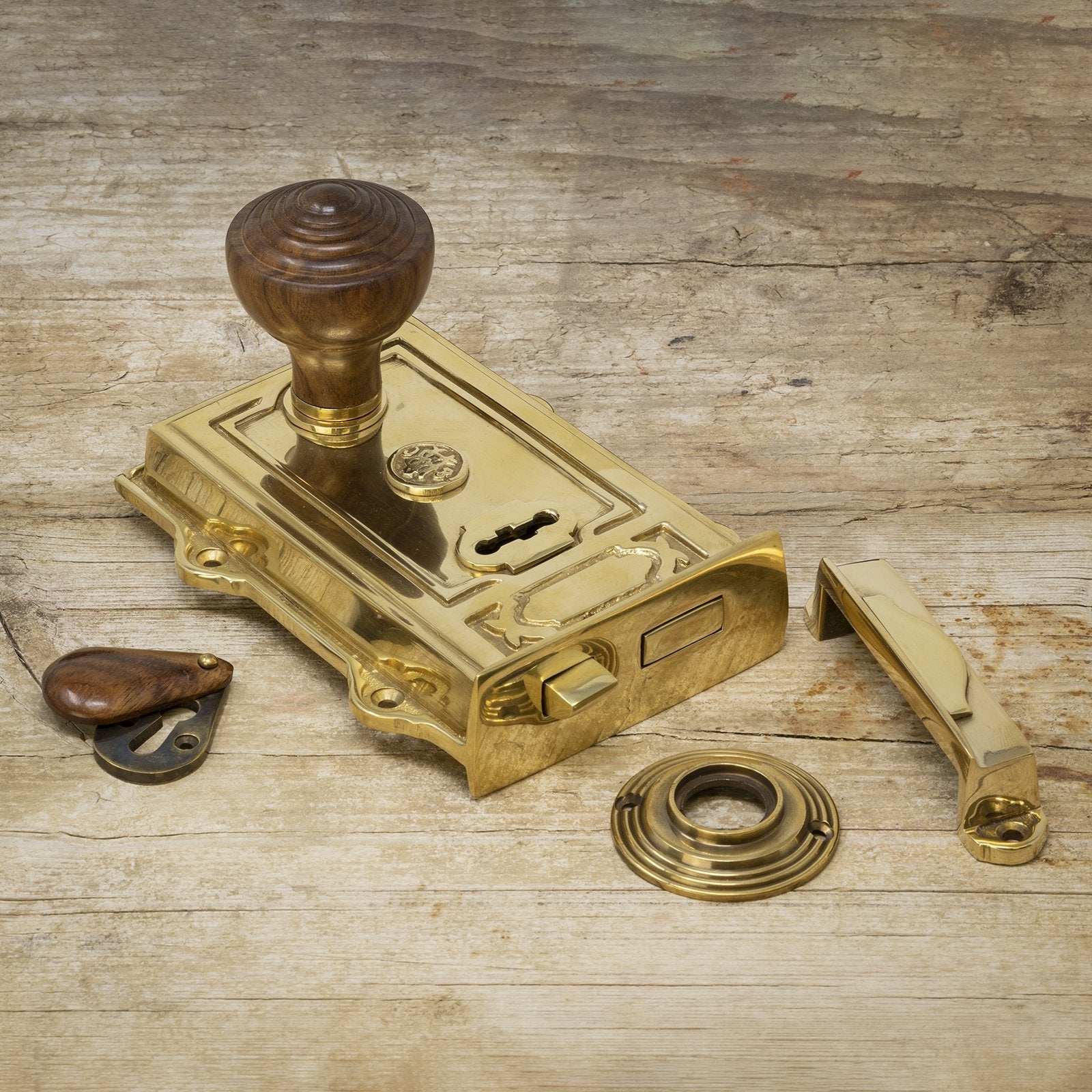 ornate brass rim lock & rosewood ringed door knob set SHOW