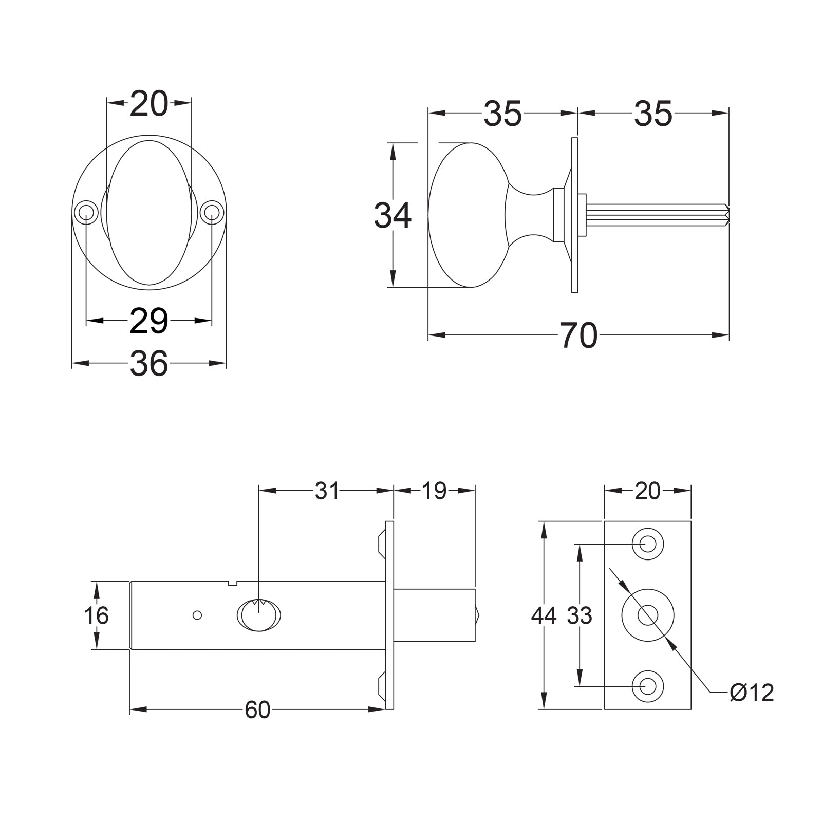 Dimension drawing for rack bolt & thumb turns SHOW