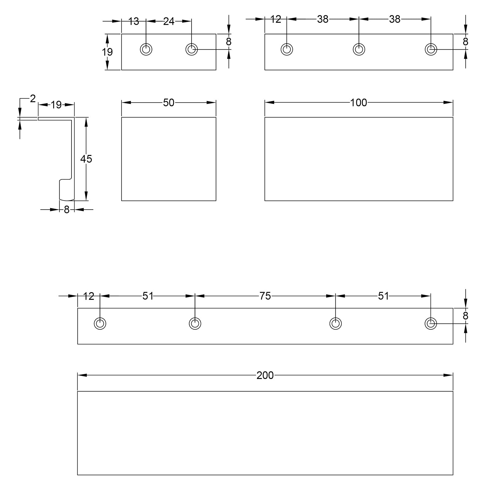 Square Lip Cabinet Edge Pulls dimension drawing SHOW