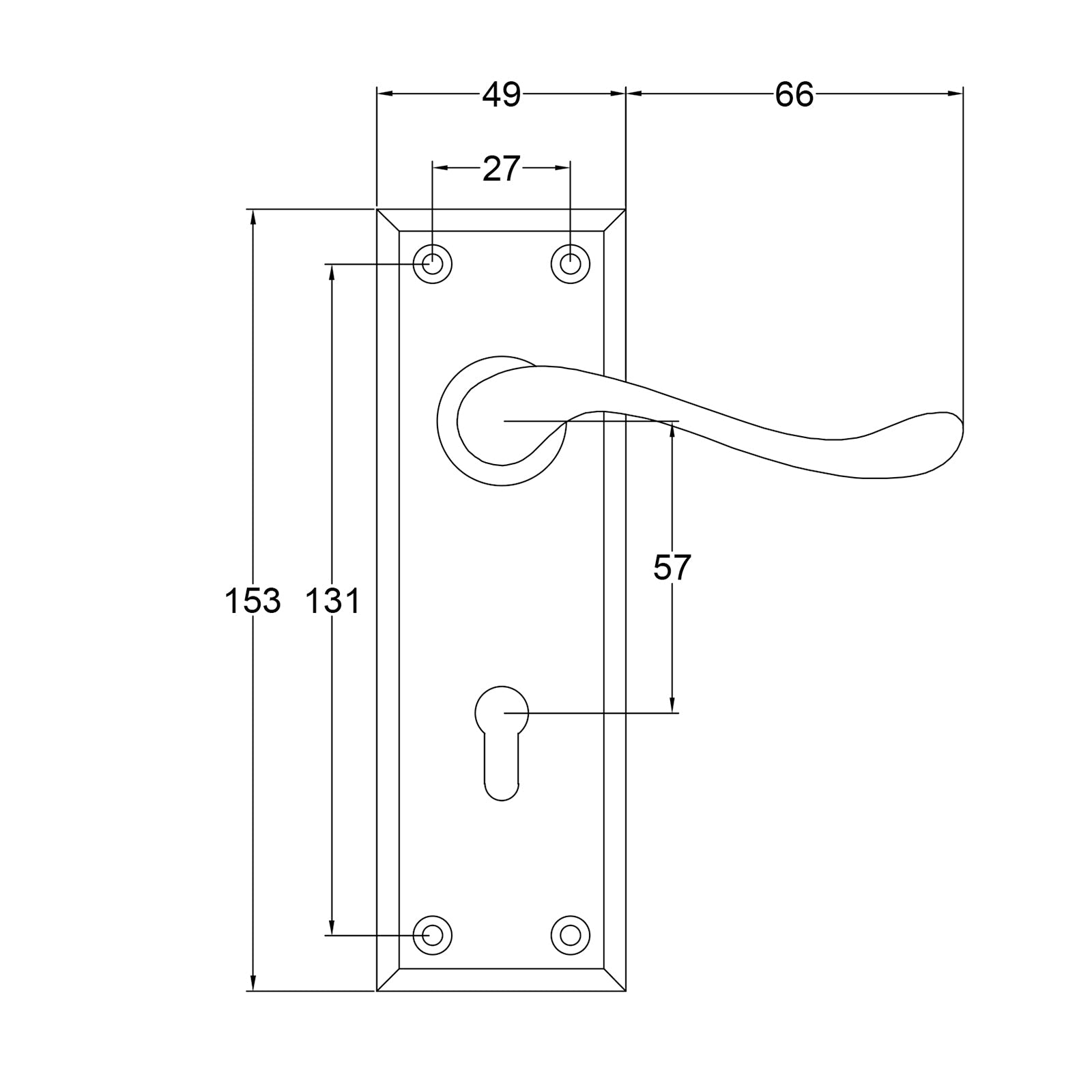 Edwardian Door Handles on Backplate Dimension Drawing SHOW