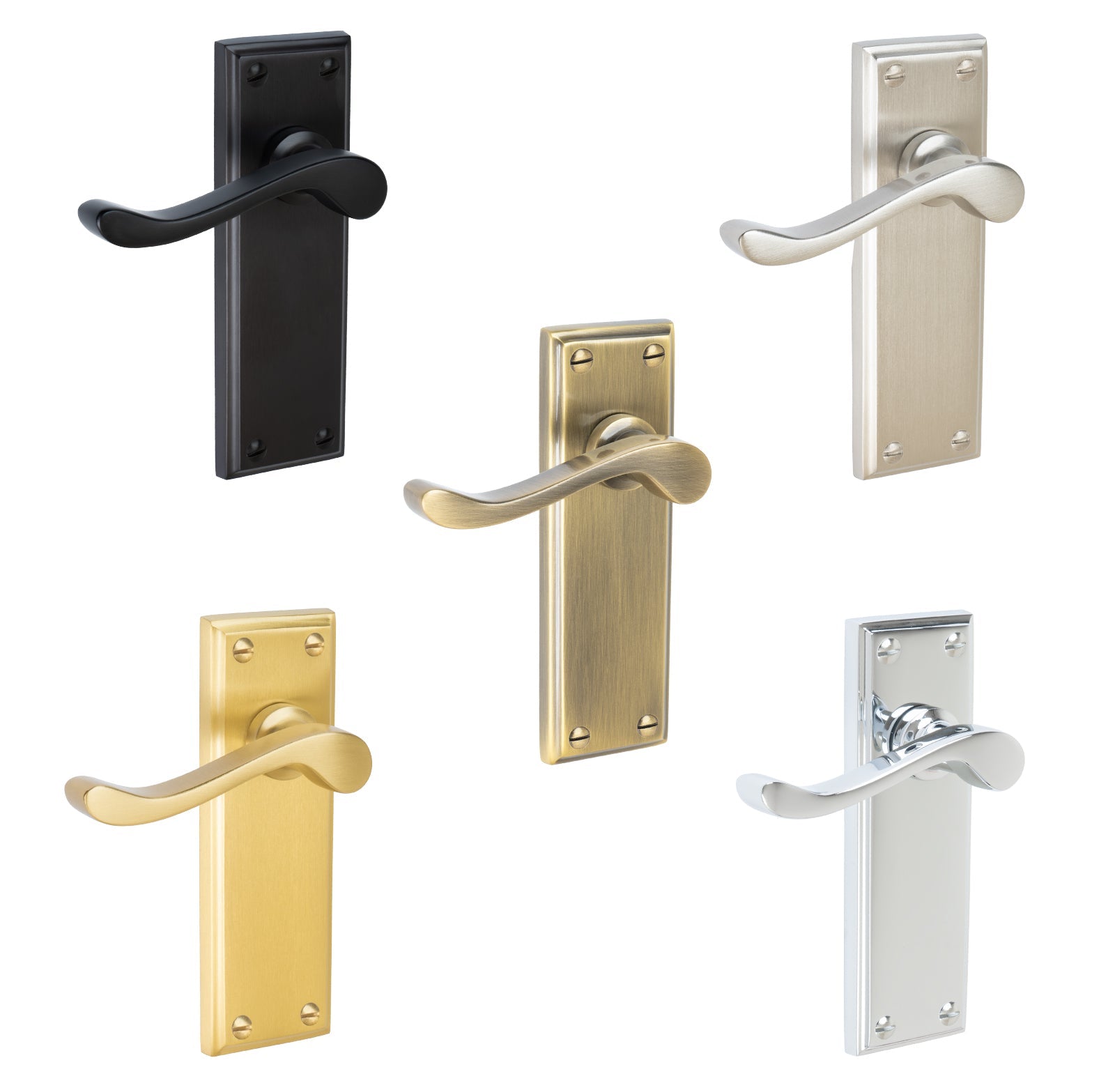 Edwardian Door Handles On Plate Latch Handle in Matt Bronze, Satin Nickel, Polished Chrome, Satin Brass and Aged Brass.