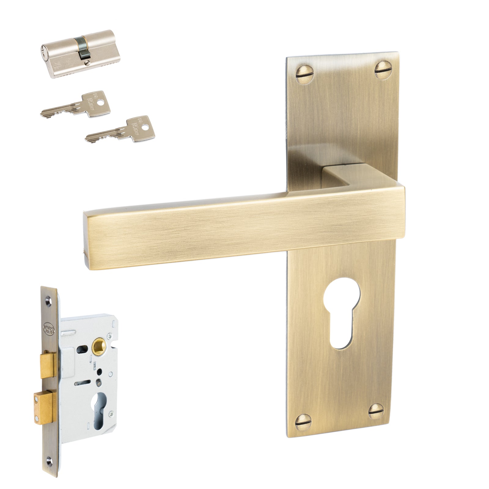 Metro Door Handles On Plate Euro Lock Handle Set in Aged Brass