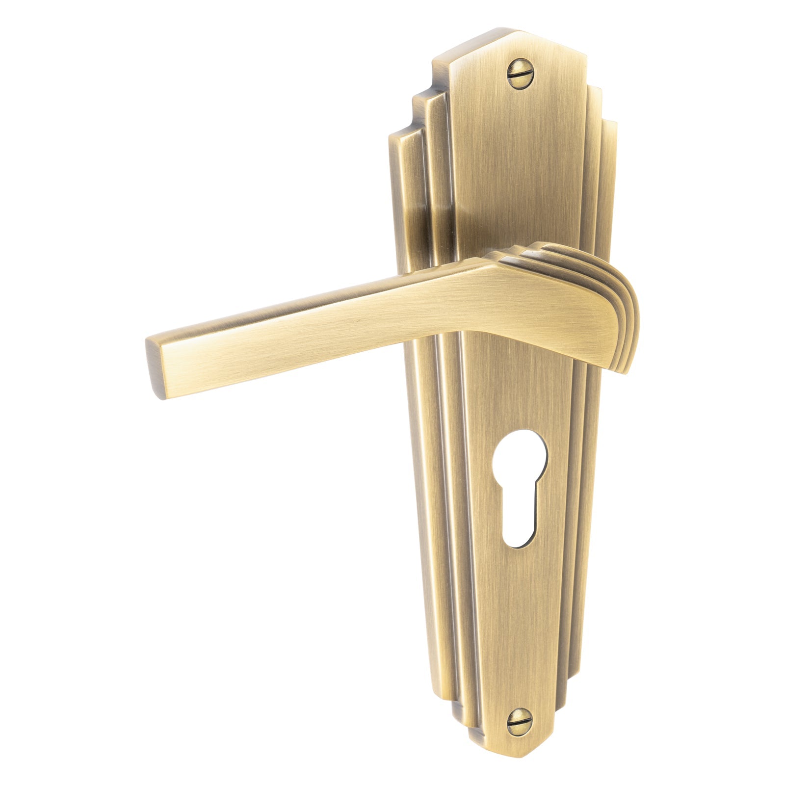 Waldorf Door Handles On Plate Euro Lock Handle in Aged Brass