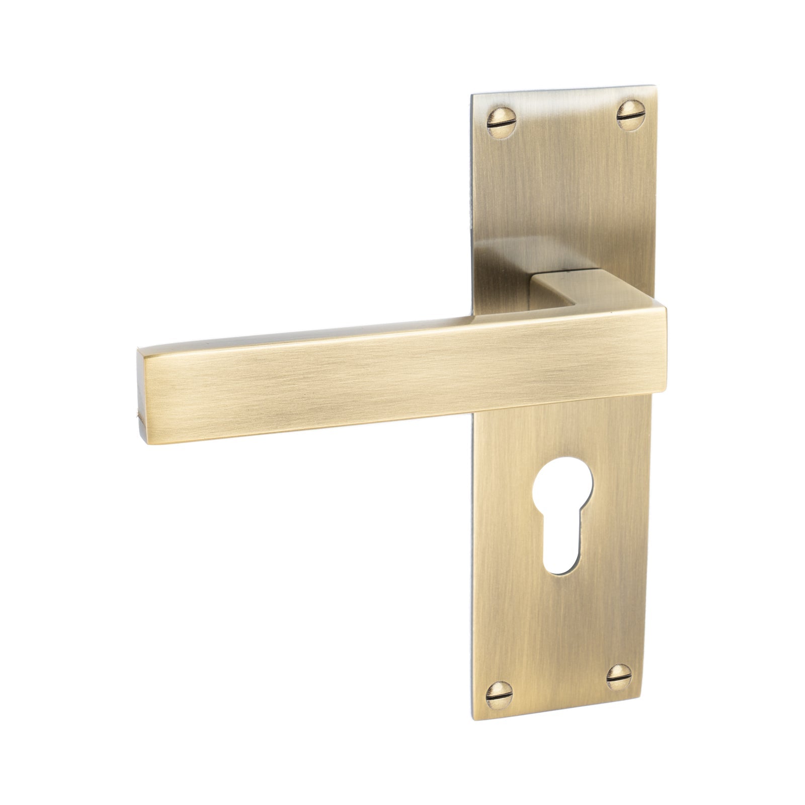 Metro Door Handles On Plate Euro Lock Handle in Aged Brass 