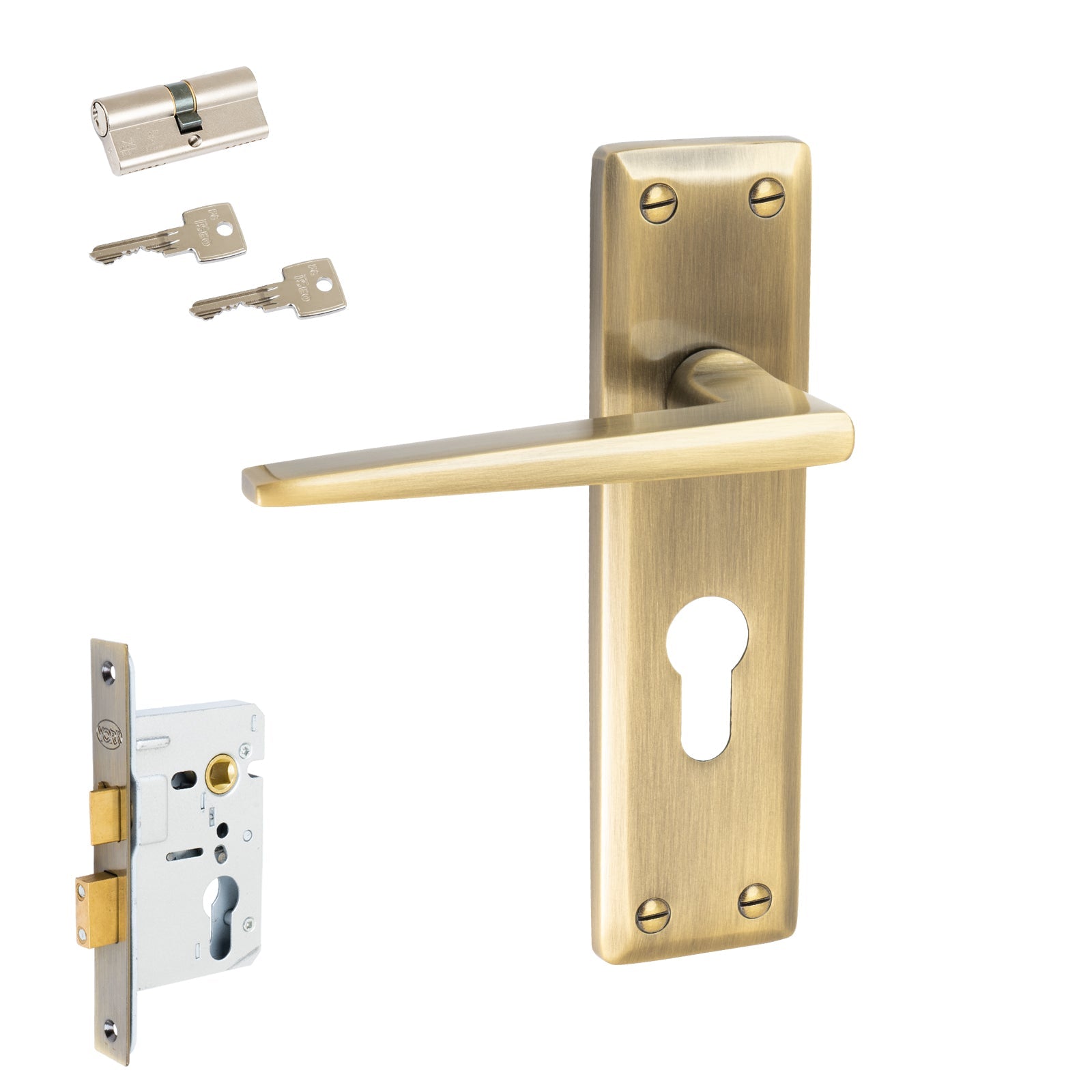 Kendal Door Handles On Plate Euro Lock Handle Set in Aged Brass