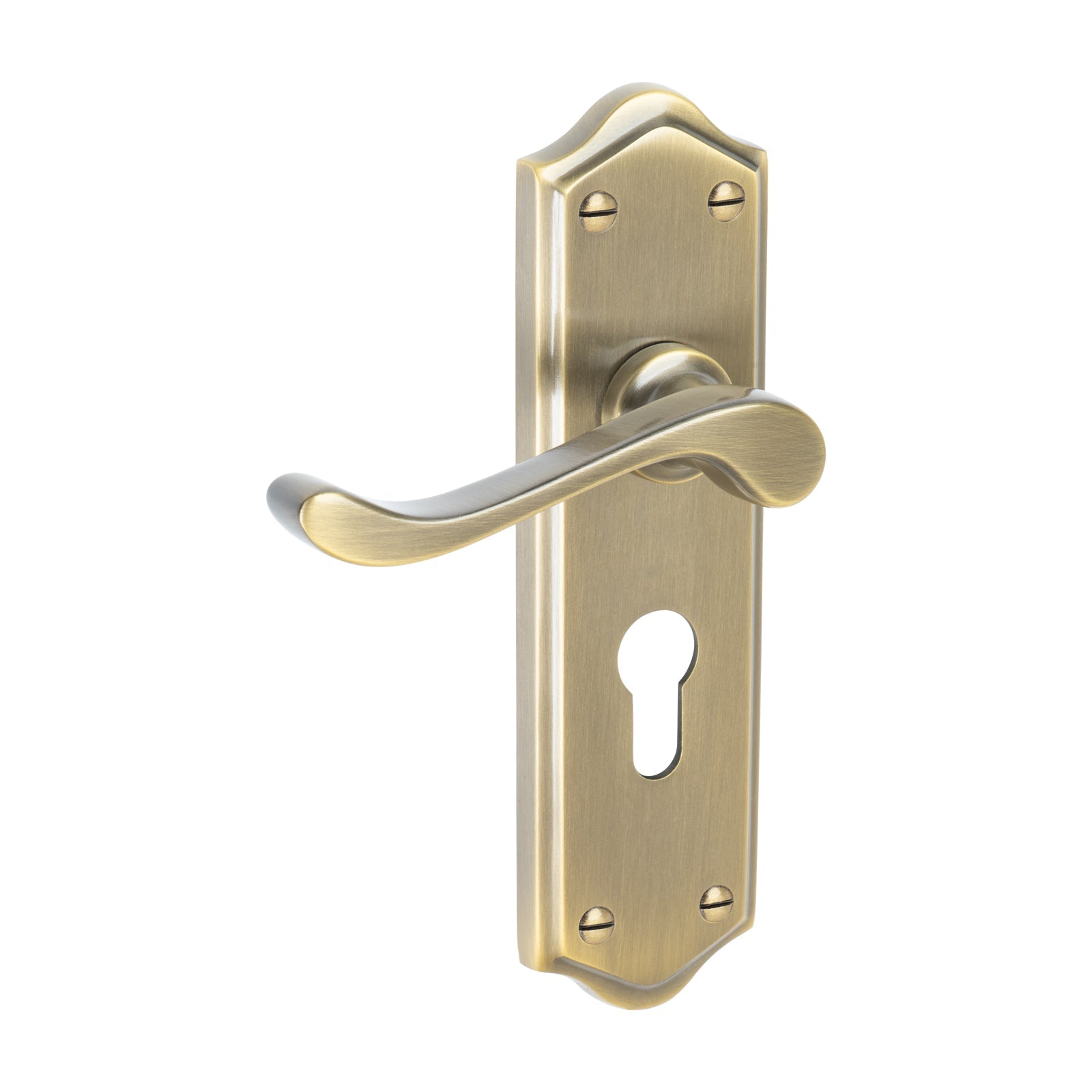 Buckingham Door Handles On Plate Euro Lock Handle in Aged Brass