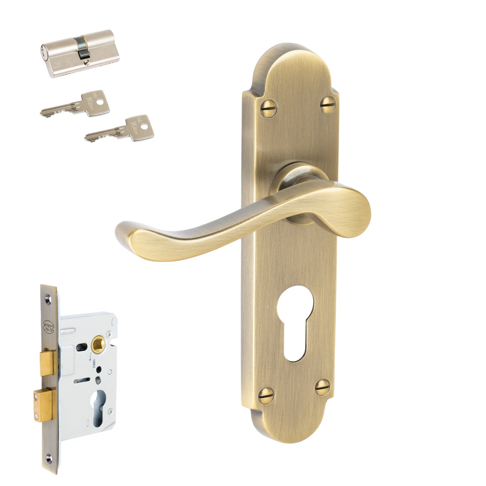 Savoy Door Handles On Plate Euro Lock Handle Set in Aged Brass