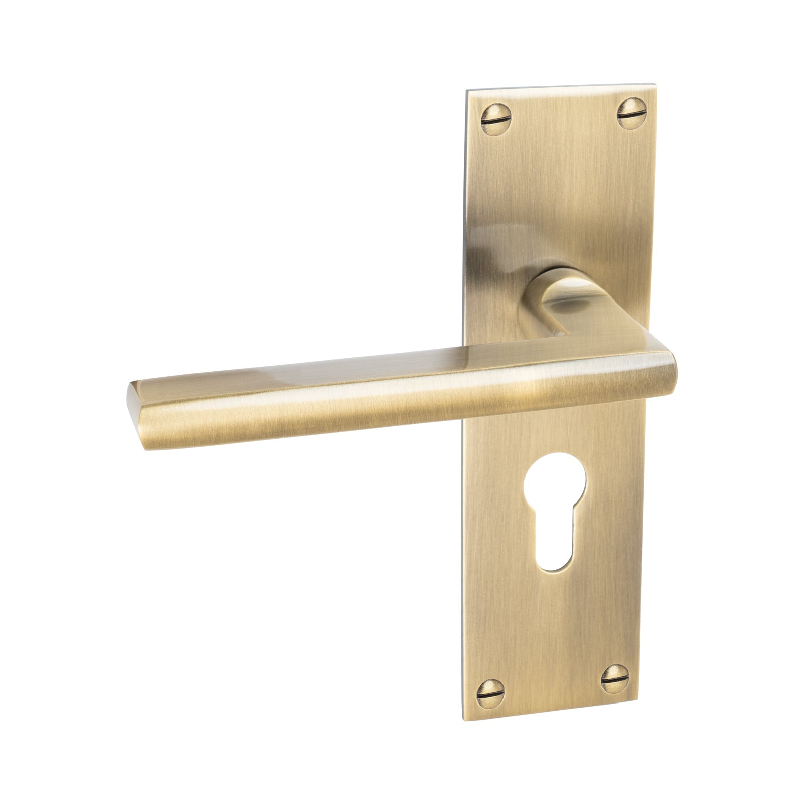 Trident Door Handles On Plate Euro Lock Handle in Aged Brass