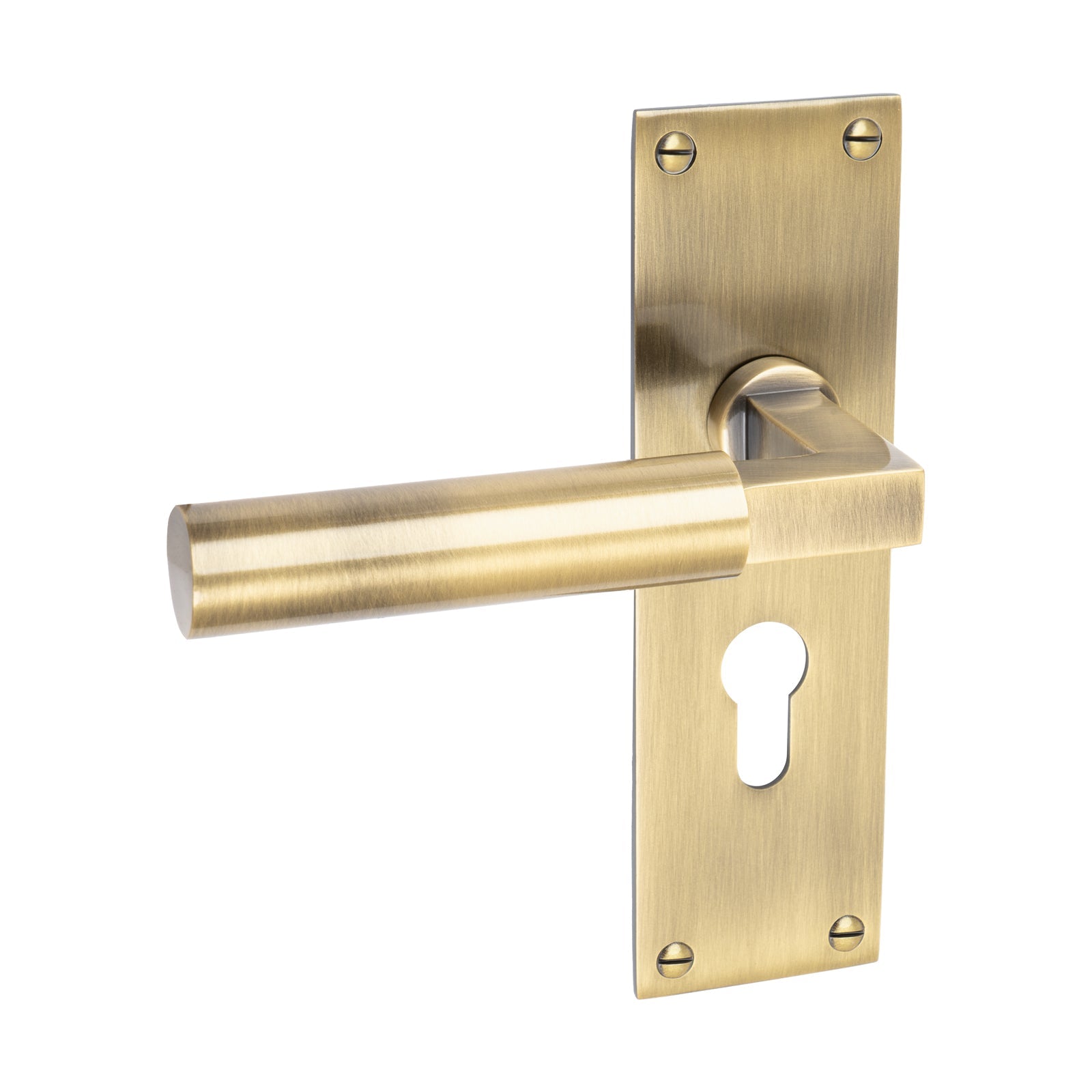 Bauhaus Door Handles On Plate Euro Lock Handle in Aged Brass