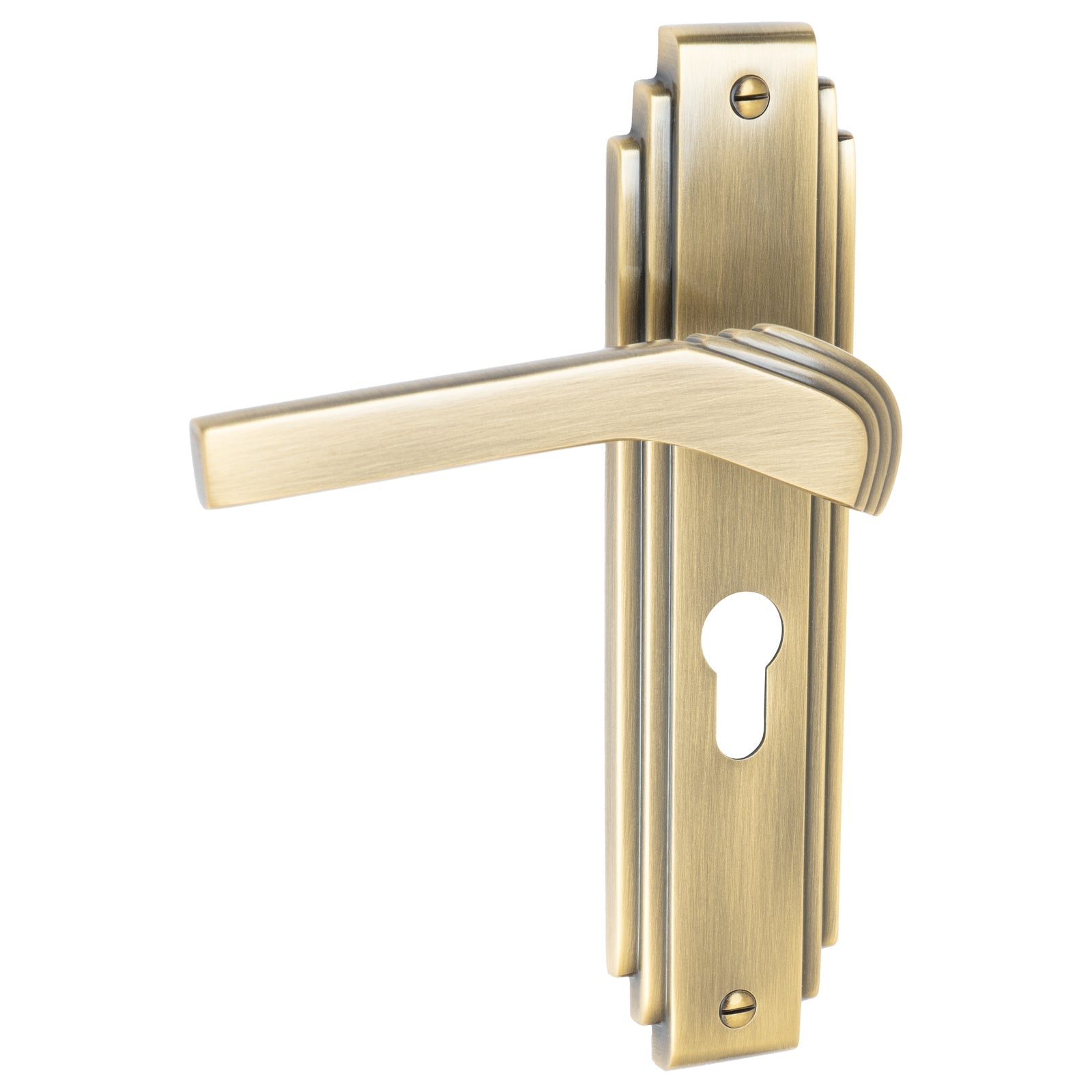 Tiffany Door Handles On Plate Euro Lock Handle in Aged Brass