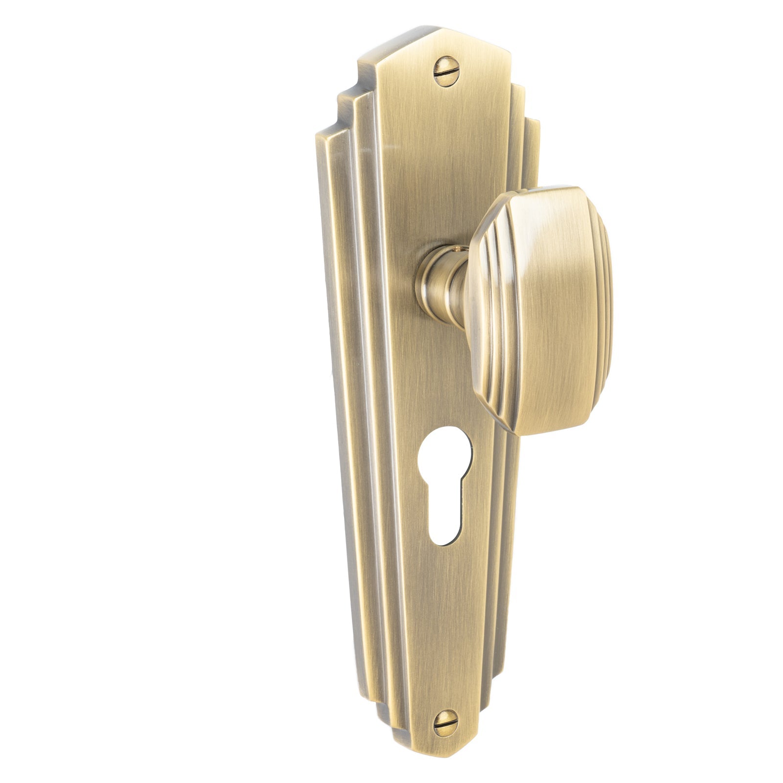 Charlston Door Handles On Plate Euro Lock Handle in Aged Brass