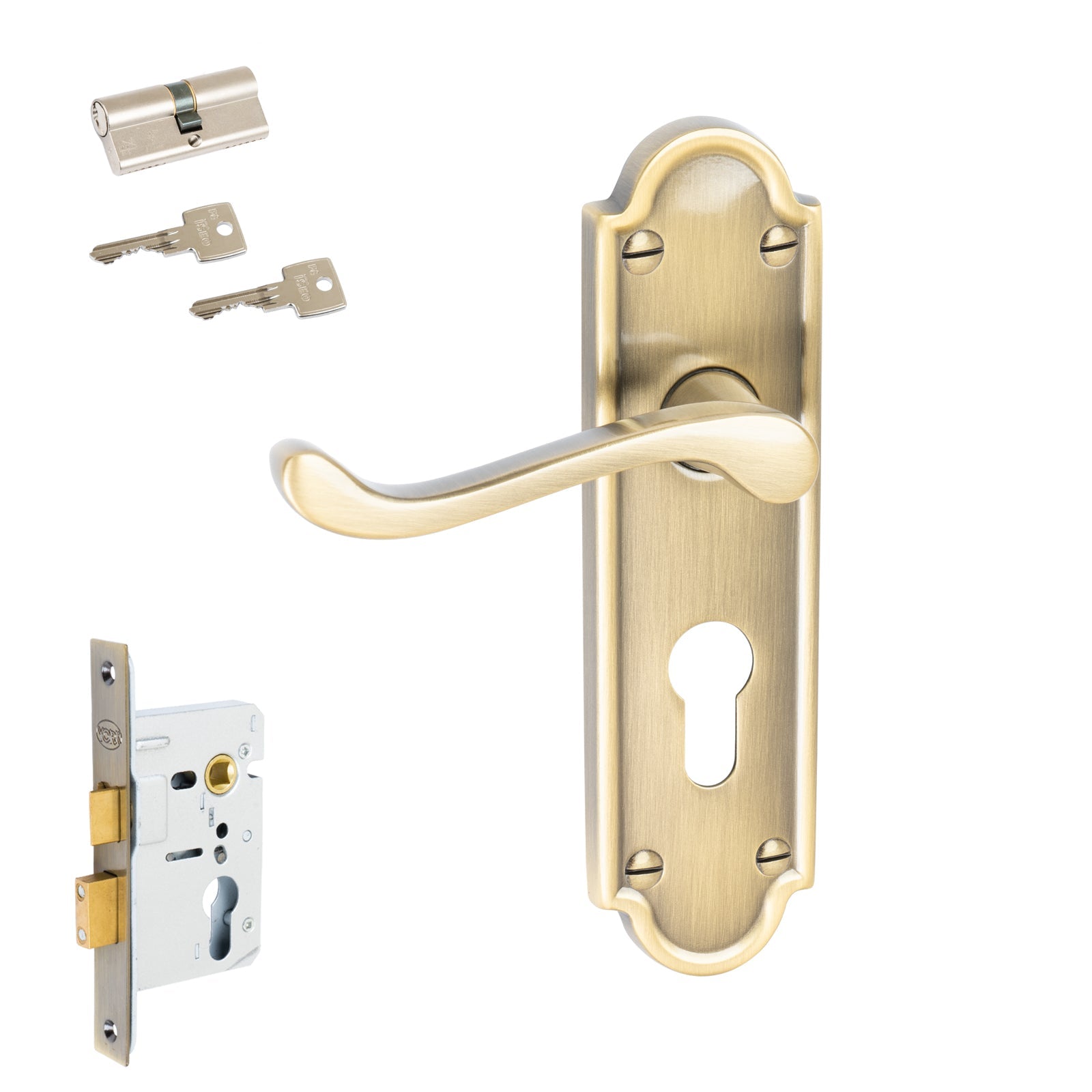 Meridian Door Handles On Plate Euro Lock Handle Set in Aged Brass