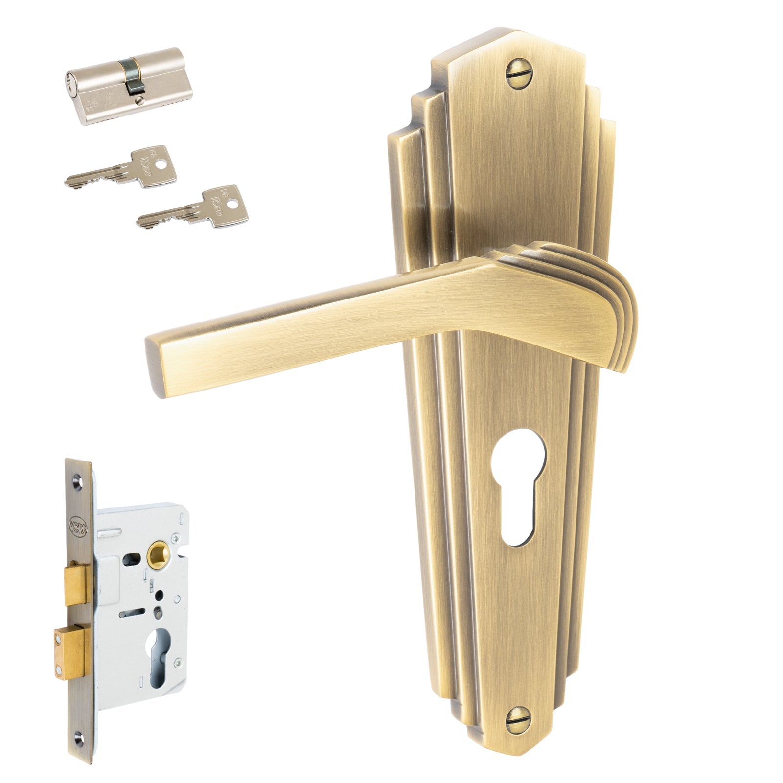 Waldorf Door Handles On Plate Euro Lock Handle Set in Aged Brass