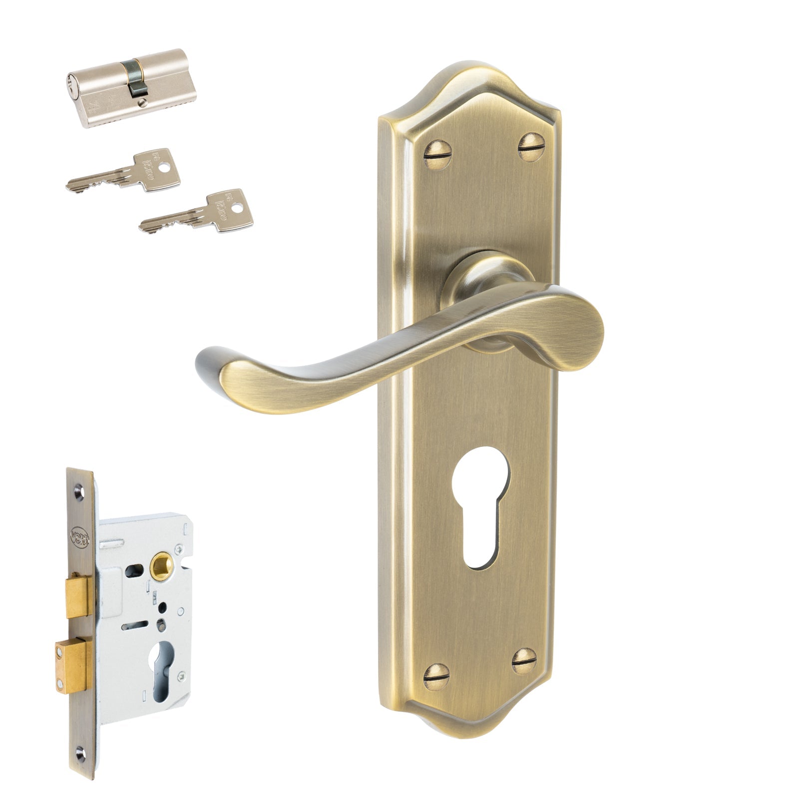 Buckingham Door Handles On Plate Euro Lock Handle Set in Aged Brass