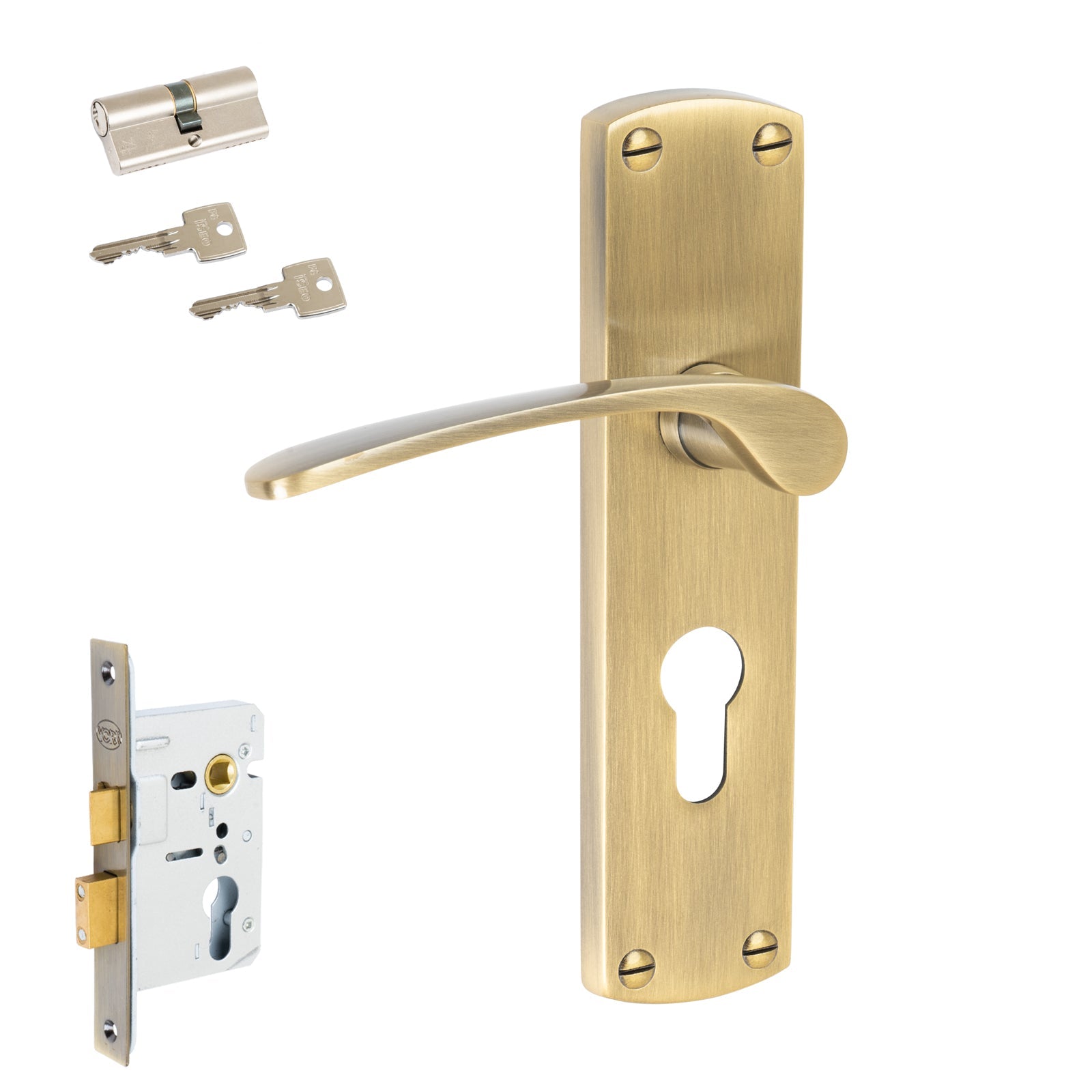 Diplomat Door Handles On Plate Euro Lock Handle Set in Aged Brass