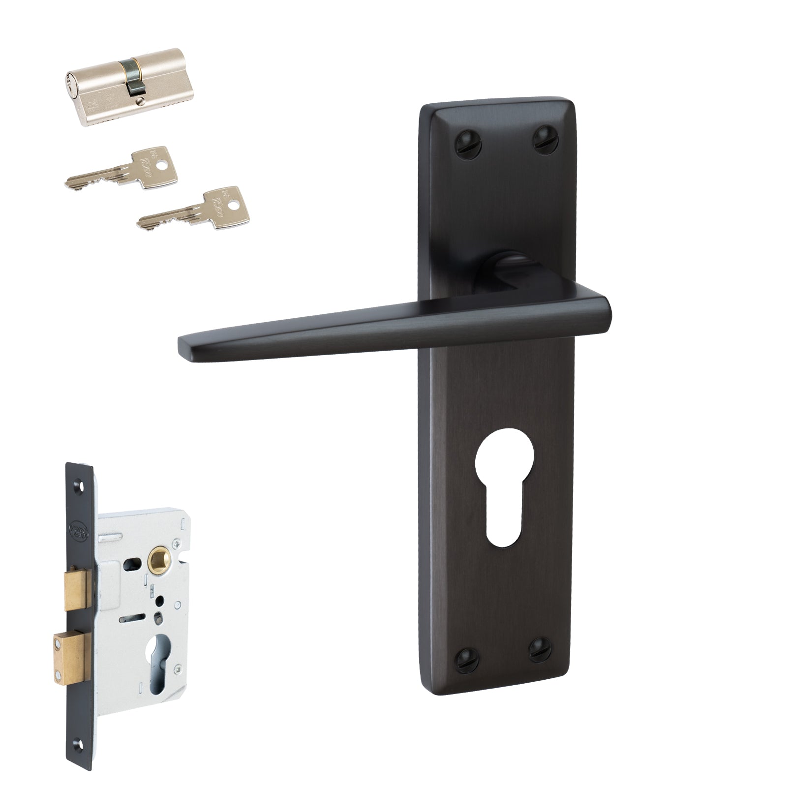 Kendal Door Handles On Plate Euro Lock Handle Set in Matt Bronze