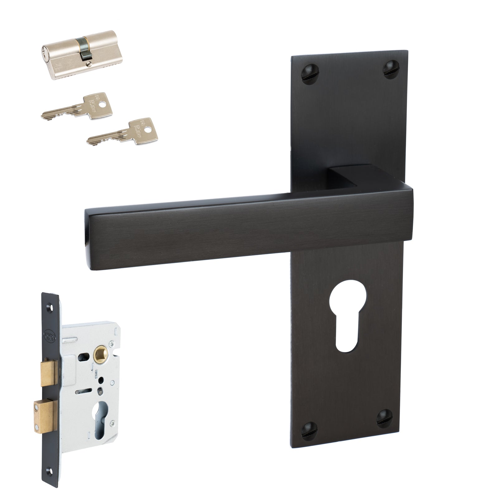 Metro Door Handles On Plate Euro Lock Handle Set in Matt Bronze 