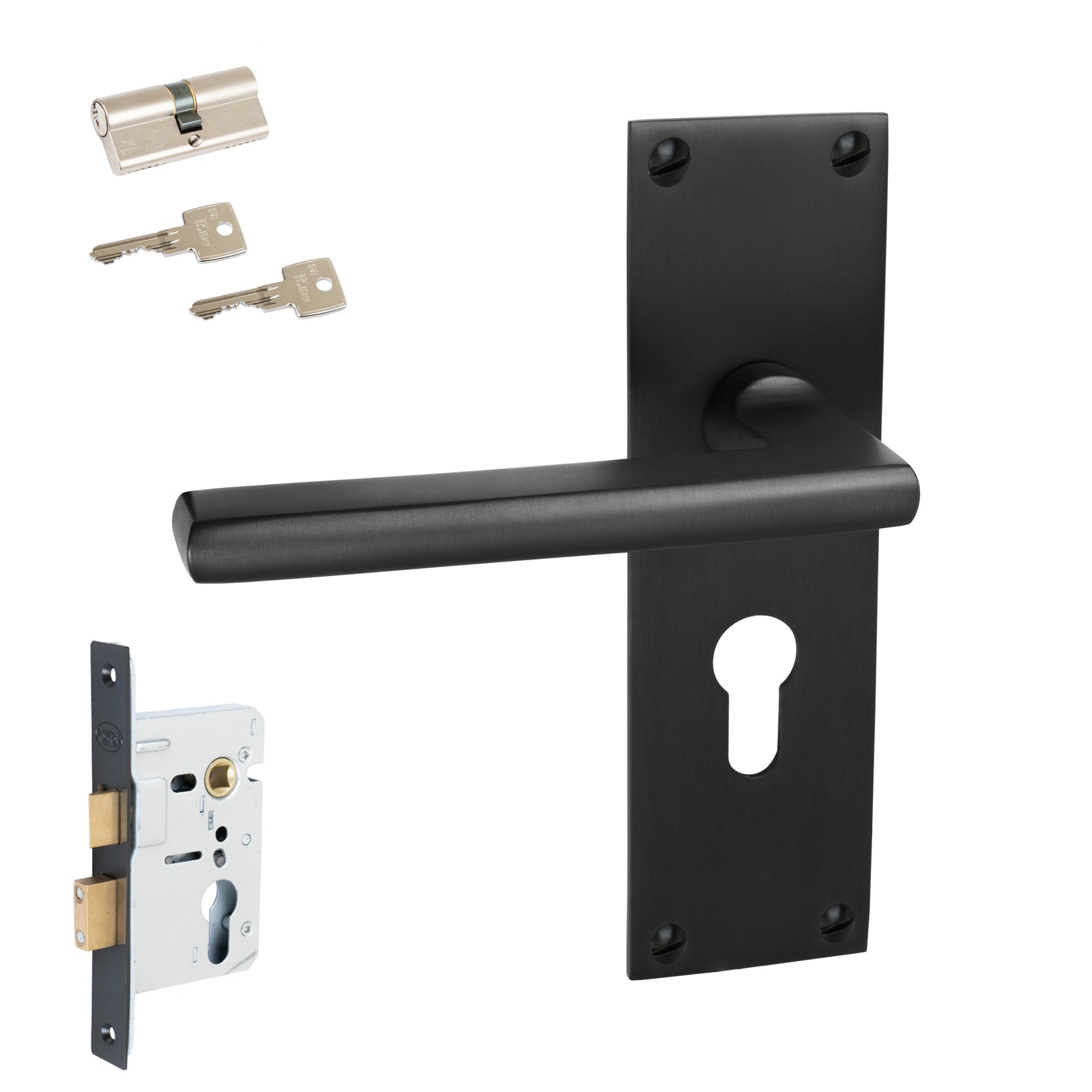 Trident Door Handles On Plate Euro Lock Handle Set in Matt Bronze